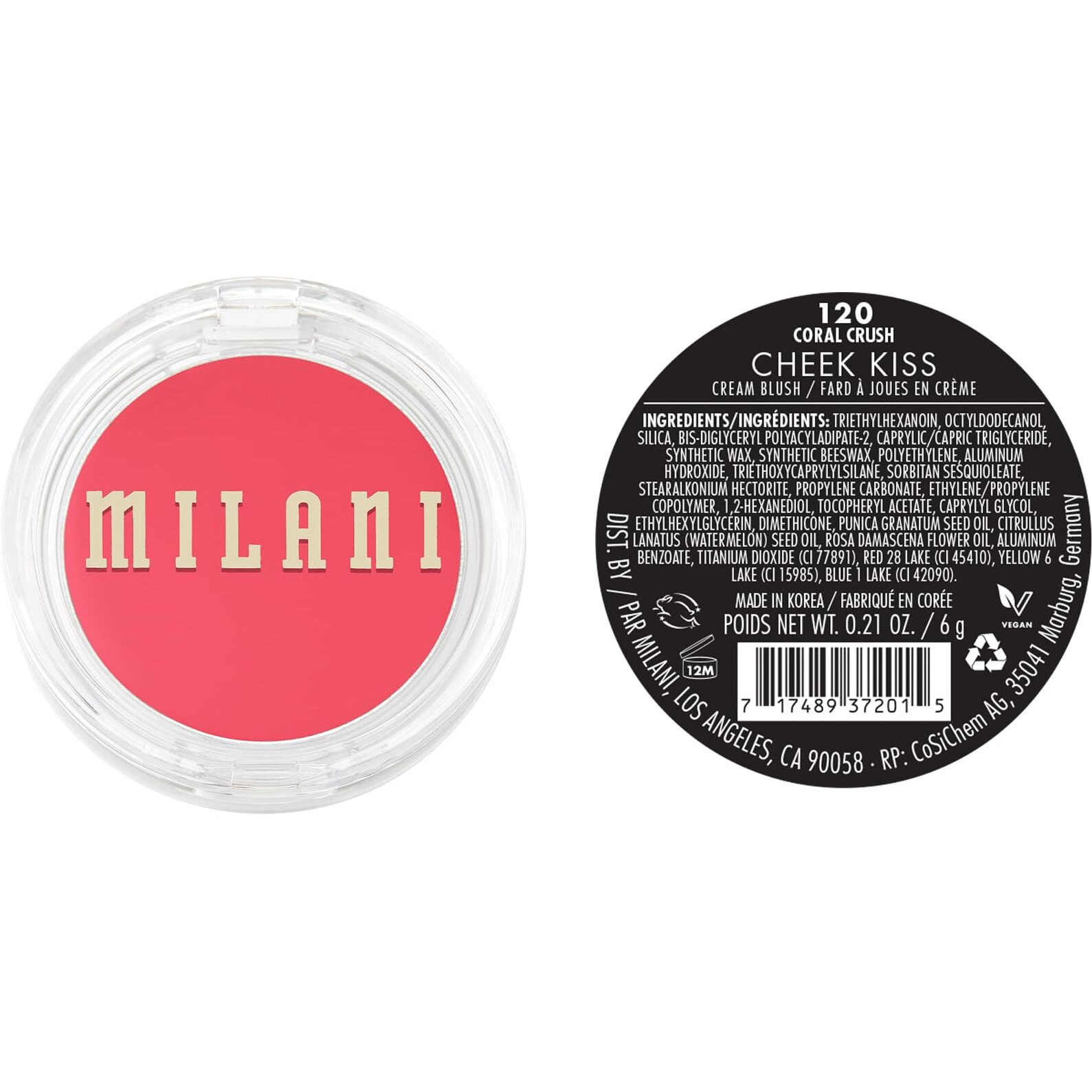 Milani Cheek Kiss Blush Makeup - Blendable & Buildable Cheek Blush, Lightweight Liquid Blusher And Cheek Color (120 Coral Crush)