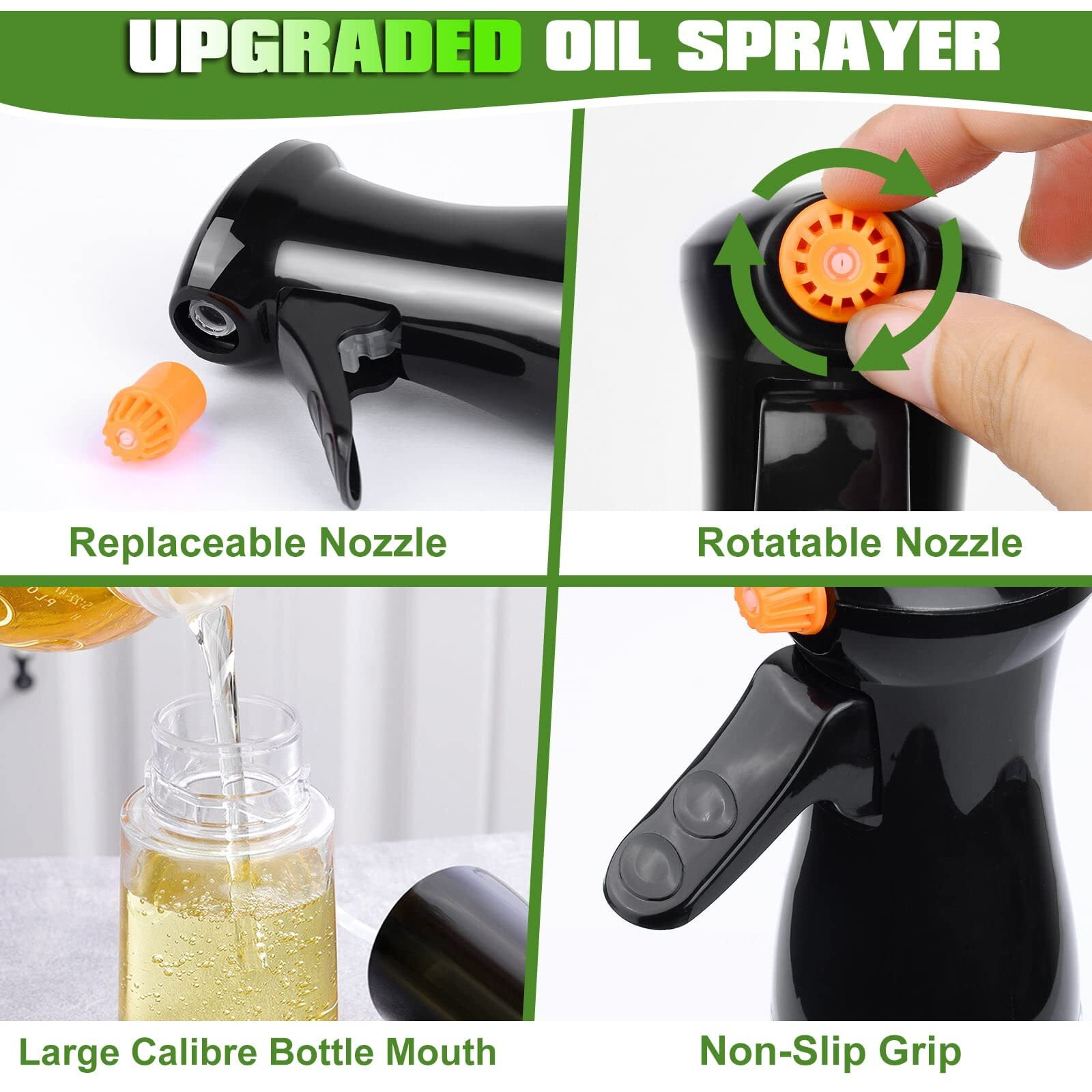 Oil Sprayer For Cooking, Upgraded Olive Oil Sprayer Bottle, Air Fryer Accessories, Oil Mister 7Oz/200Ml Oil Vinegar Spritzer, Kitchen Gadgets For Salad, Bbq, Roasting (Black)