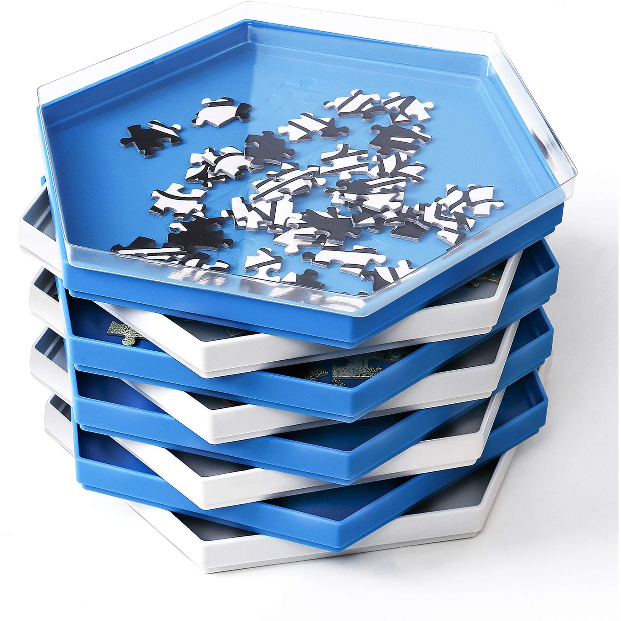Becko Us Stackable Puzzle Sorting Trays Jigsaw Puzzle Sorters With Lid Puzzle Accessory For Puzzles Up To 1500 Pieces, 8 Hexagonal Trays In White & Blue