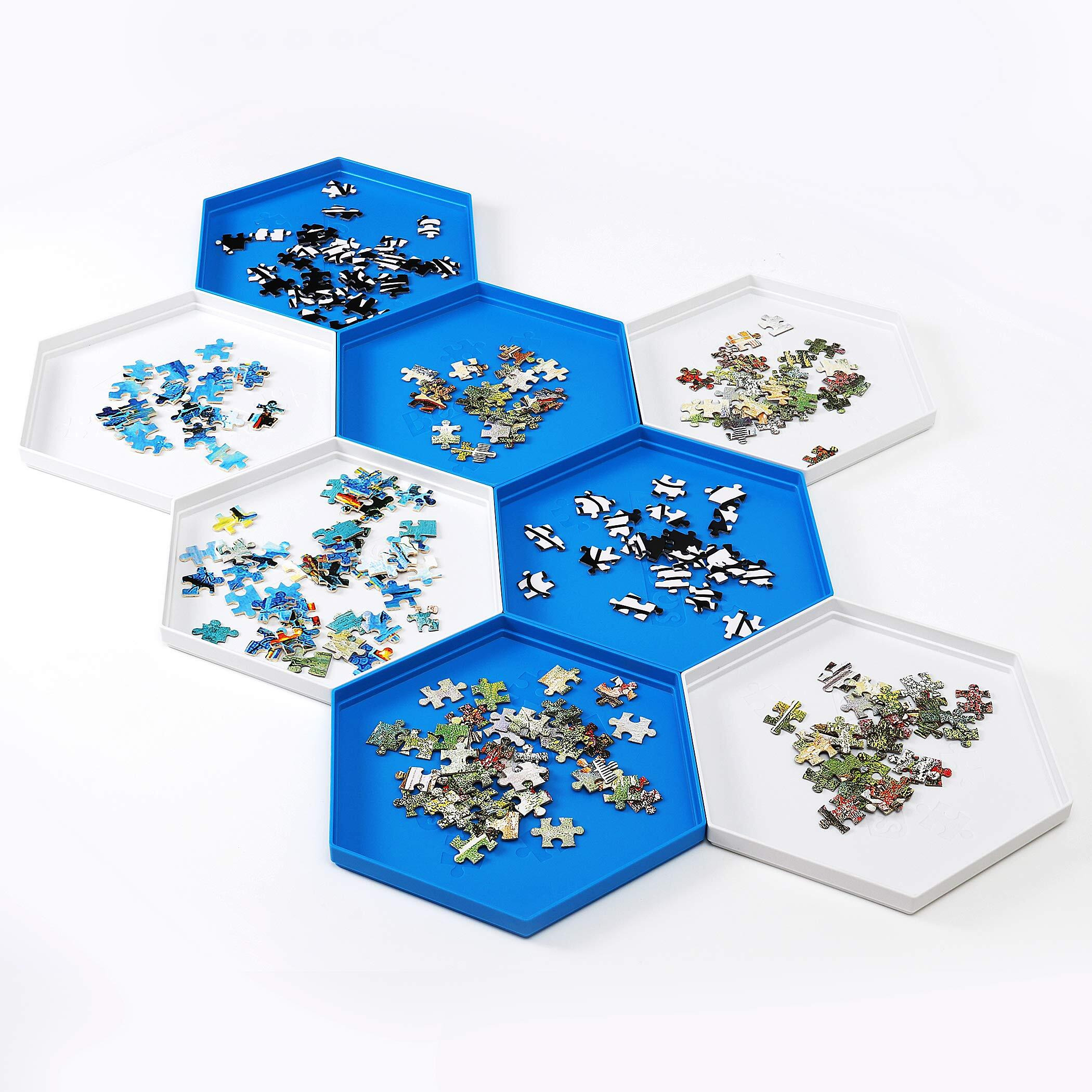 Becko Us Stackable Puzzle Sorting Trays Jigsaw Puzzle Sorters With Lid Puzzle Accessory For Puzzles Up To 1500 Pieces, 8 Hexagonal Trays In White & Blue