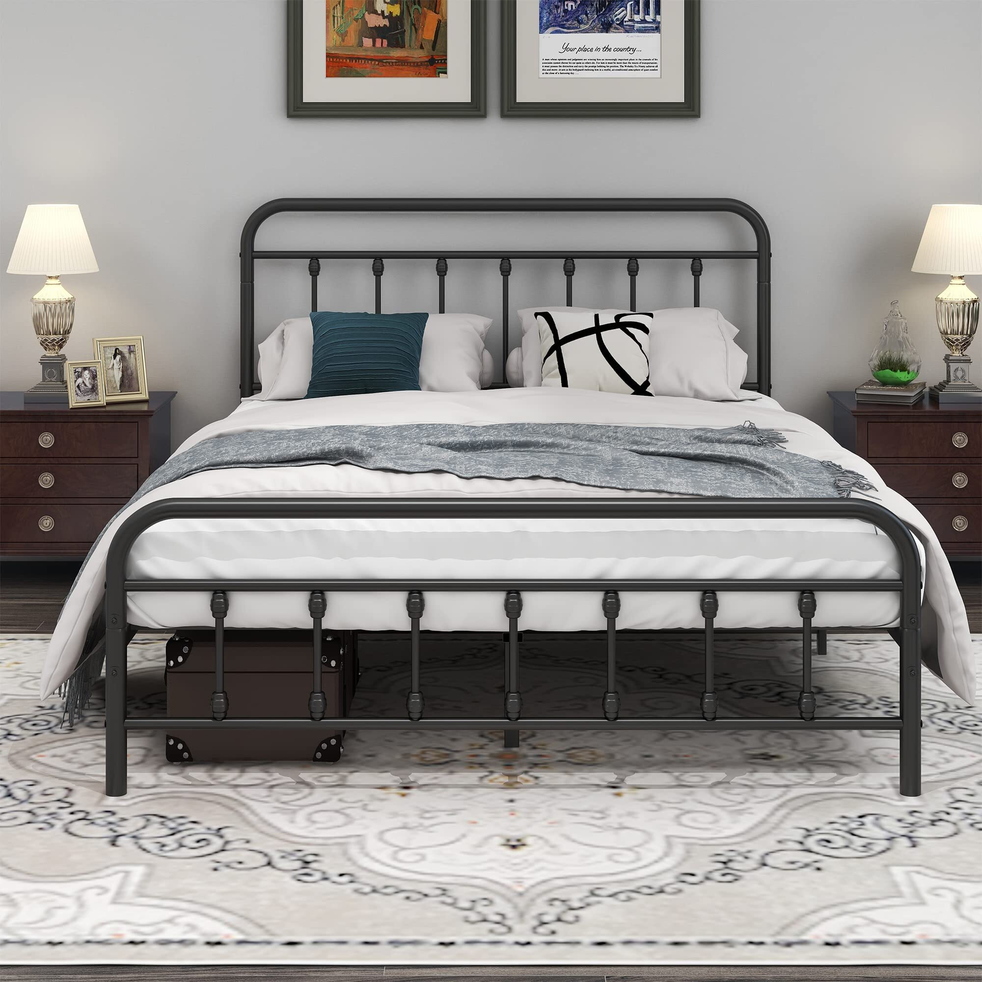 Dumee Metal Queen Bed Frame With Headboard And Footboard Farmhouse Platform Bed Frame Queen Size Under Bed Storage No Box Spring Needed, Textured Black