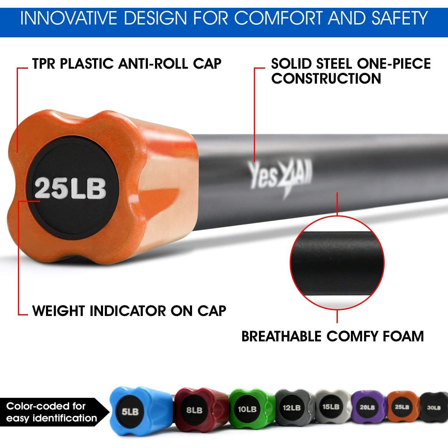 Yes4All Total Body Weighted Workout Bar, Body Bar For Exercise, Therapy, Aerobics, And Yoga, Strength Training 25Lbs