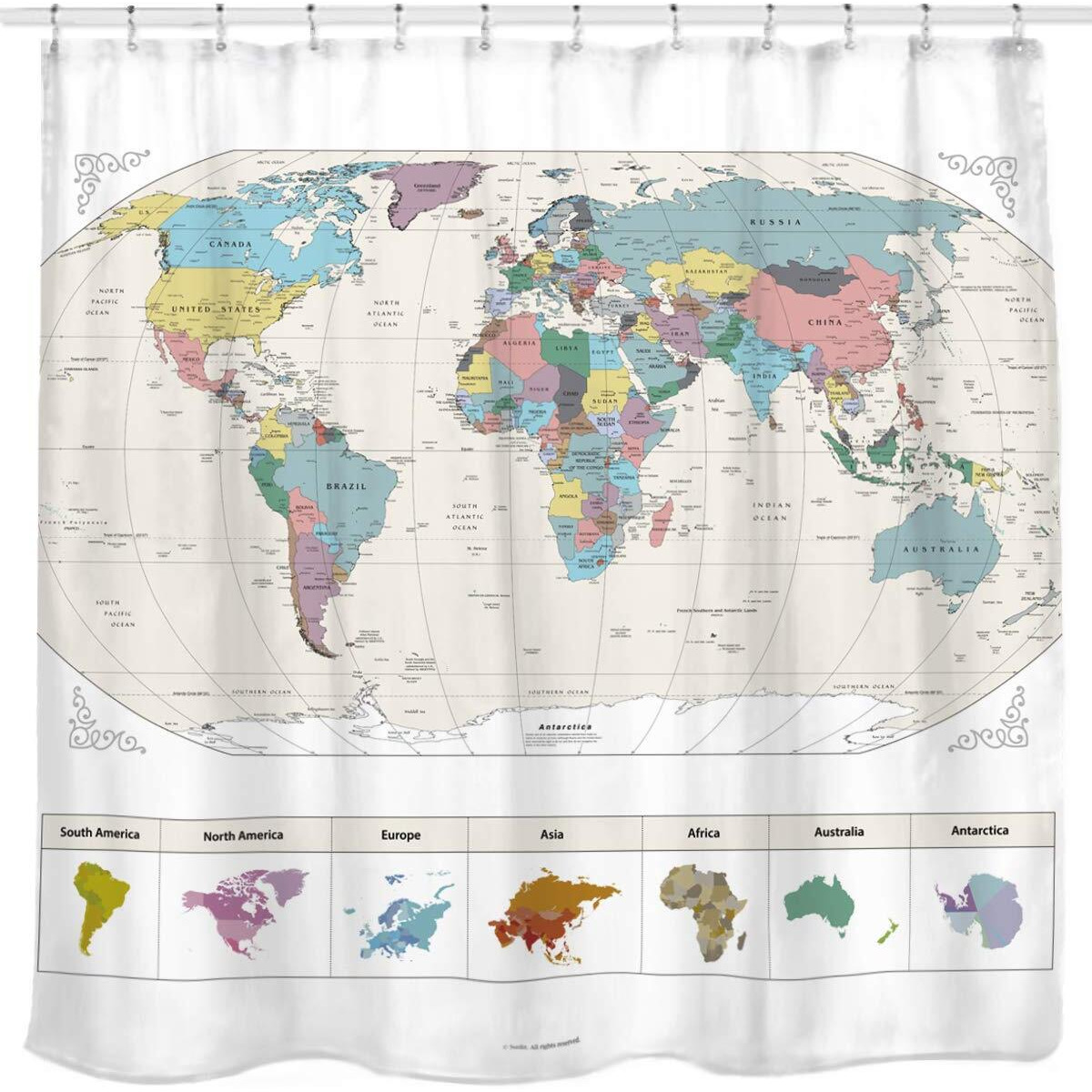 New Map Of The World With Detailed Major Cities. Pvc Free, Non-Toxic And Odorless Water Repellent Fabric Shower Curtains - Large Home Decor Wall Map