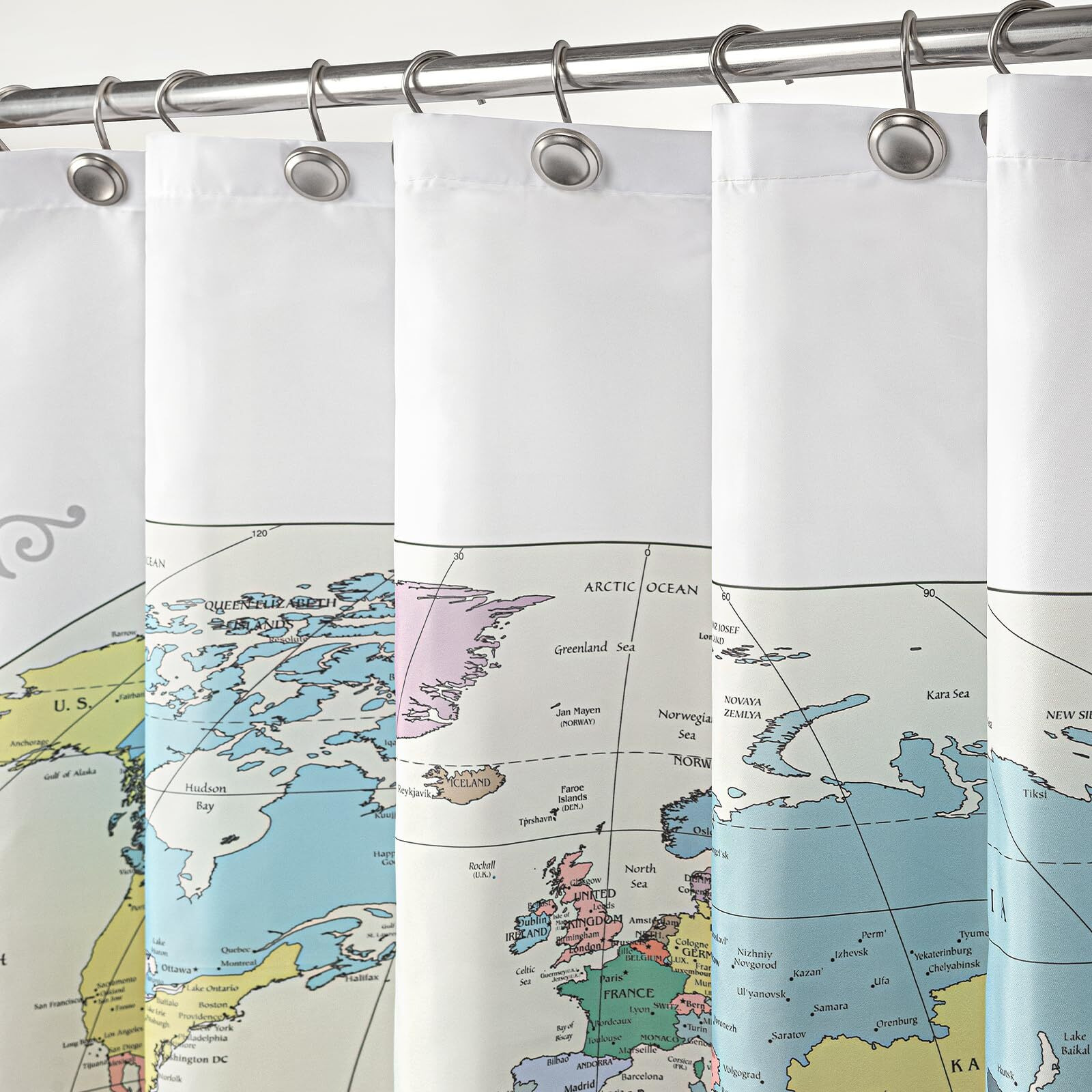 New Map Of The World With Detailed Major Cities. Pvc Free, Non-Toxic And Odorless Water Repellent Fabric Shower Curtains - Large Home Decor Wall Map