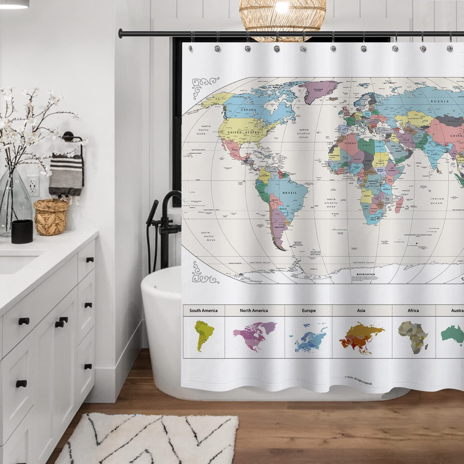 New Map Of The World With Detailed Major Cities. Pvc Free, Non-Toxic And Odorless Water Repellent Fabric Shower Curtains - Large Home Decor Wall Map