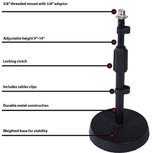 Lyxpro Desktop Microphone Stand - 9""-14"" Adjustable Height Desk Mic Holder - Weighted Cast Iron Base - 3/8""-5/8"" Adapter Screw - Table Top With Non-Slip Rubber Feet