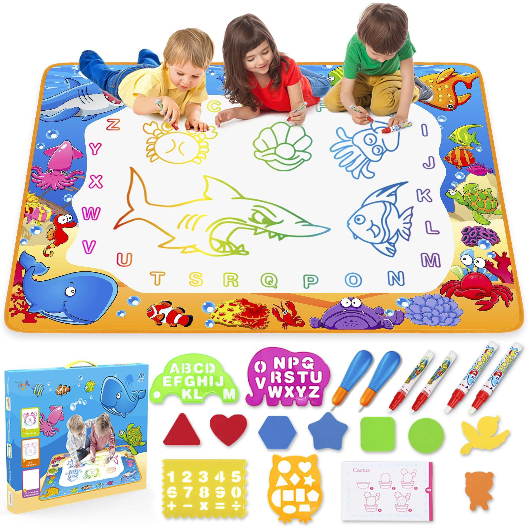 Water Doodle Mat - Kids Painting Writing Color Doodle Drawing Mat Toy Bring Magic Pens Educational Toys For Age 2 3 4 5 6 7 Year Old Girls Boys Age Toddler Gift