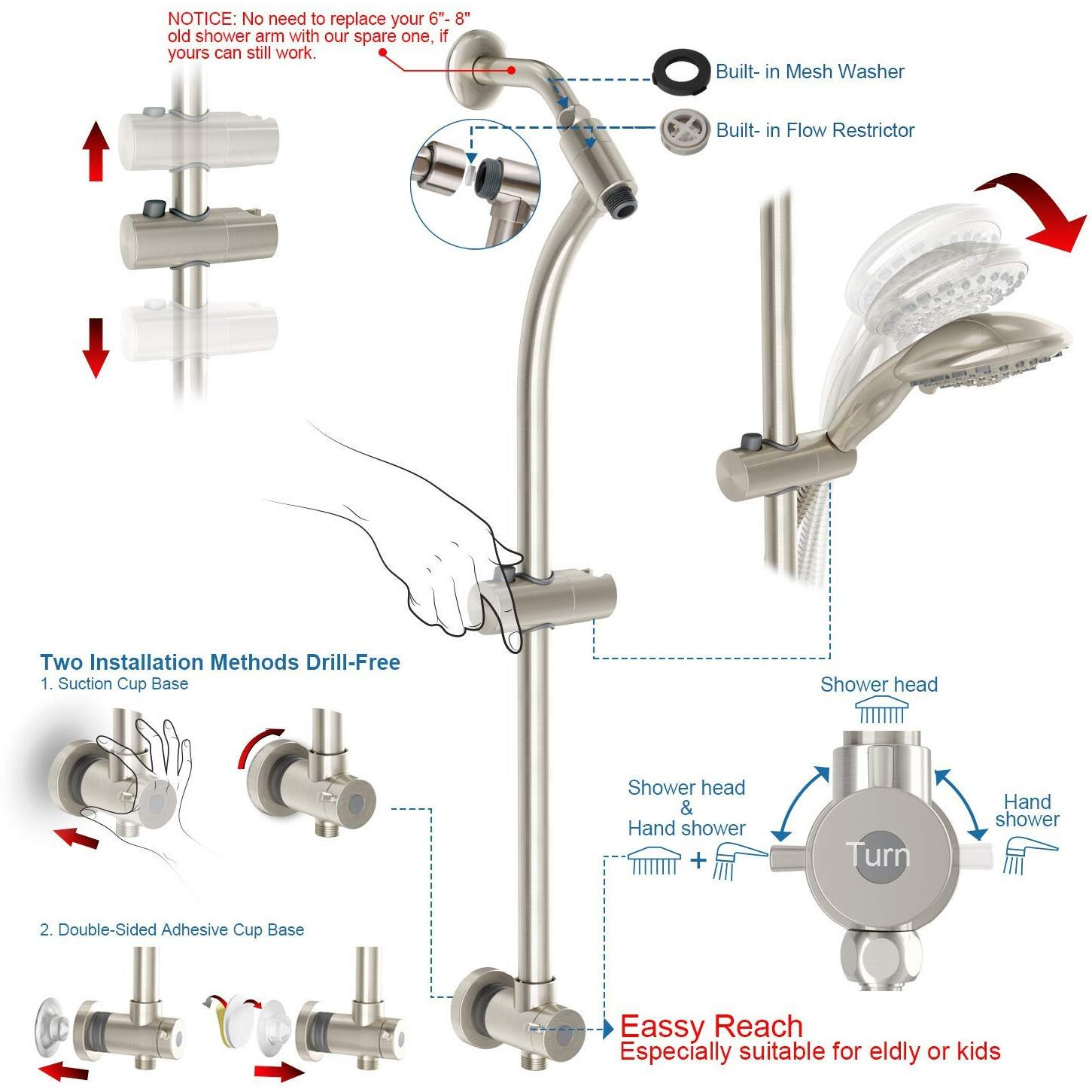 Egretshower Handheld Showerhead & Rain Shower Combo For Easy Reach, 27.5"" Drill-Free Stainless Steel Slide Bar, 5   Of 5-Setting Handheld Shower And Showerhead, With 5Ft Hose -Brush Nickel