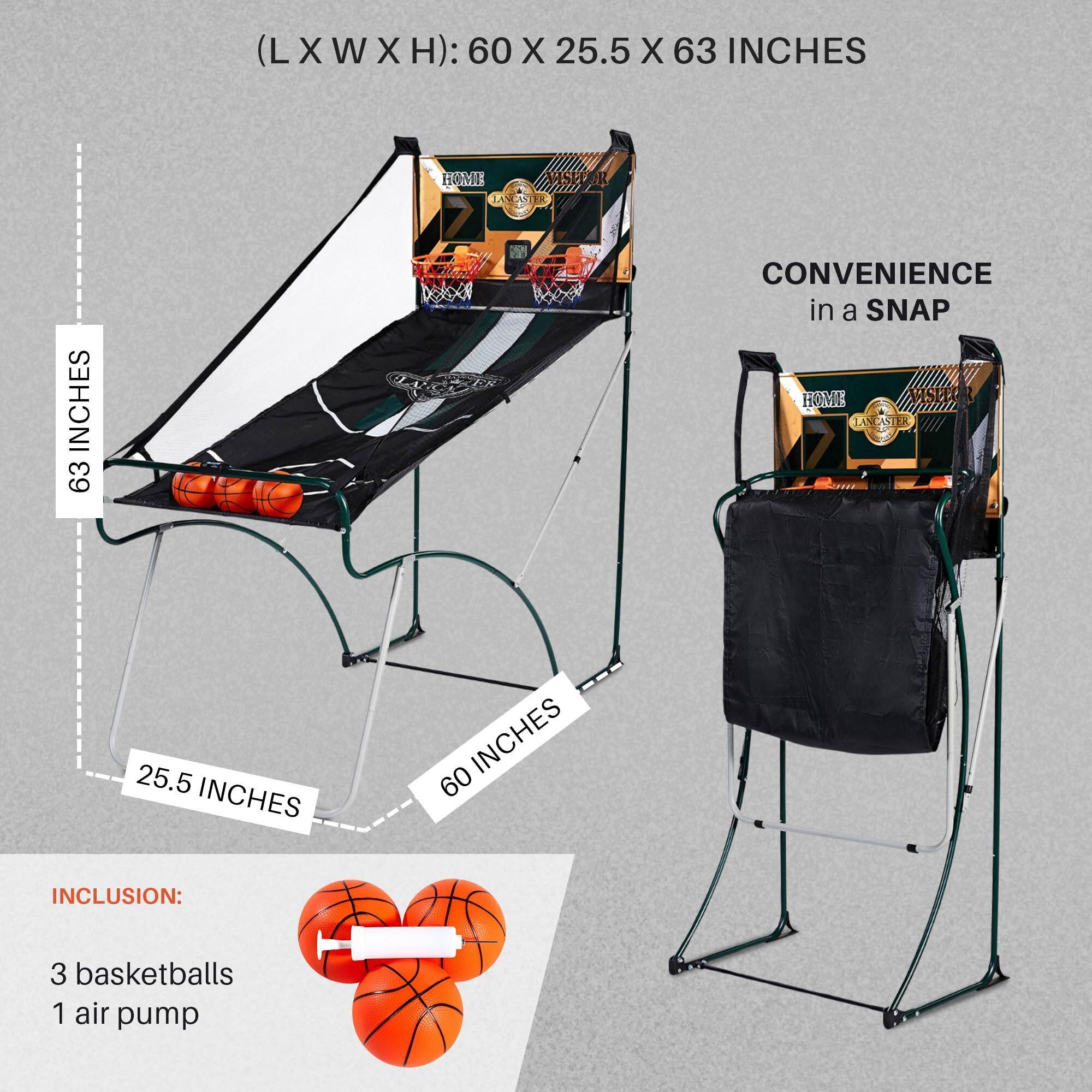 Lancaster Sports Ez Fold 2 Player Indoor Arcade Dual Basketball Hoop Shot Game With 3 Basketballs, Air Pump, And Led Scoreboard