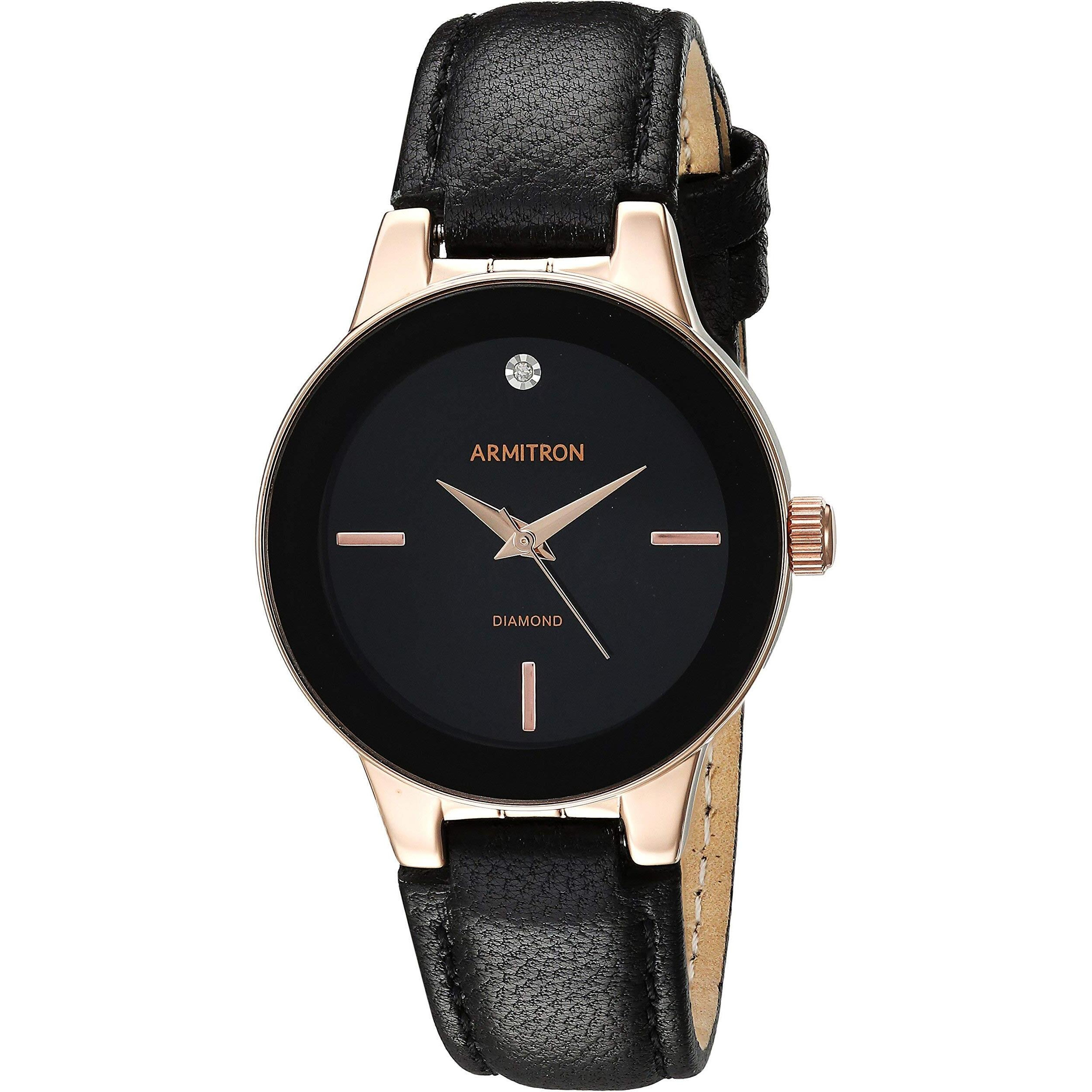 Armitron Women's 75/5410Bkrgbk Diamond-Accented Rose Gold-Tone And Black Leather Strap Watch