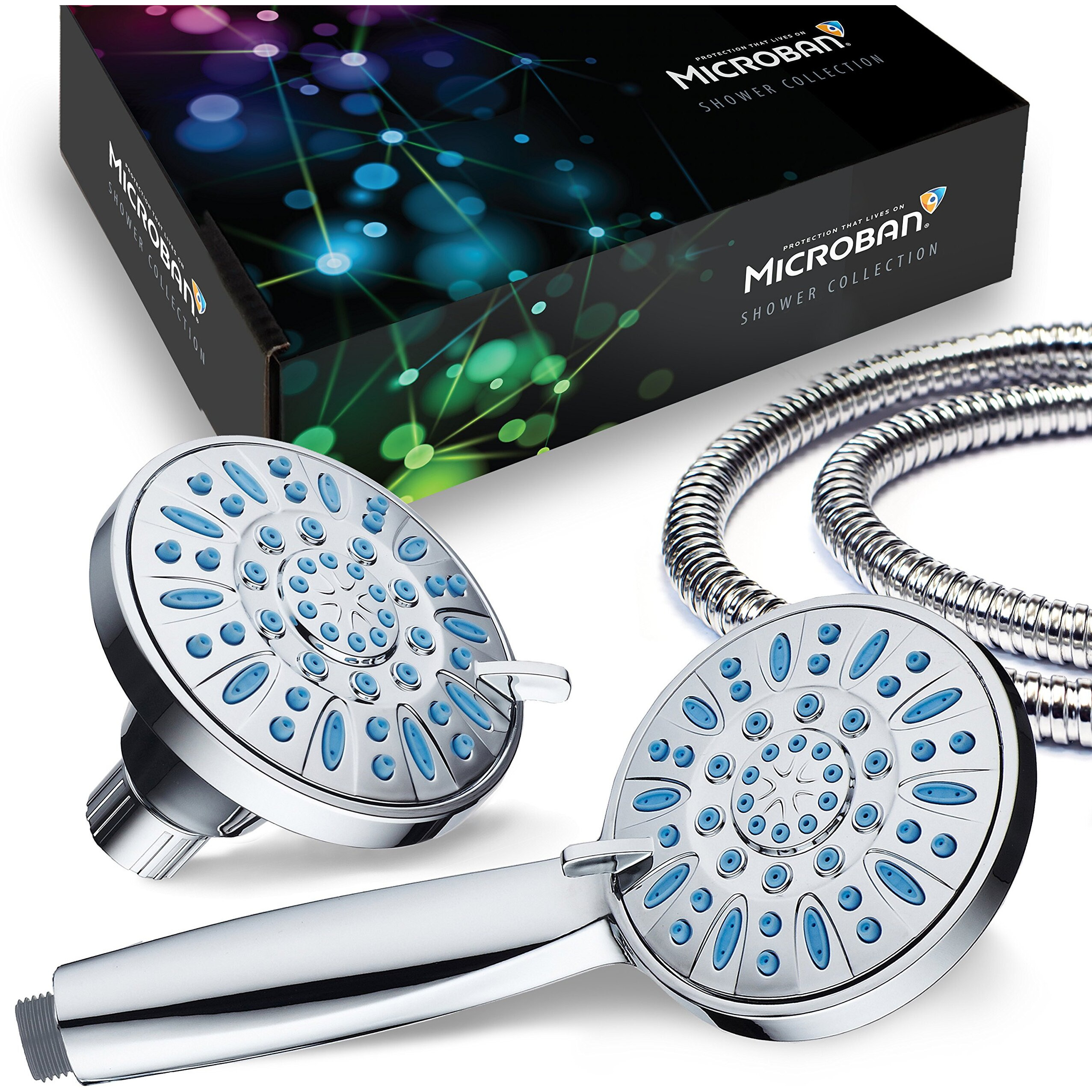 Aquadance Antimicrobial/Anti-Clog High-Pressure 30-Setting Combo Microban Nozzle Protection From Growth Of Mold Mildew & Bacteria For Stronger Shower Aqua, Chrome/Wave Blue Jets