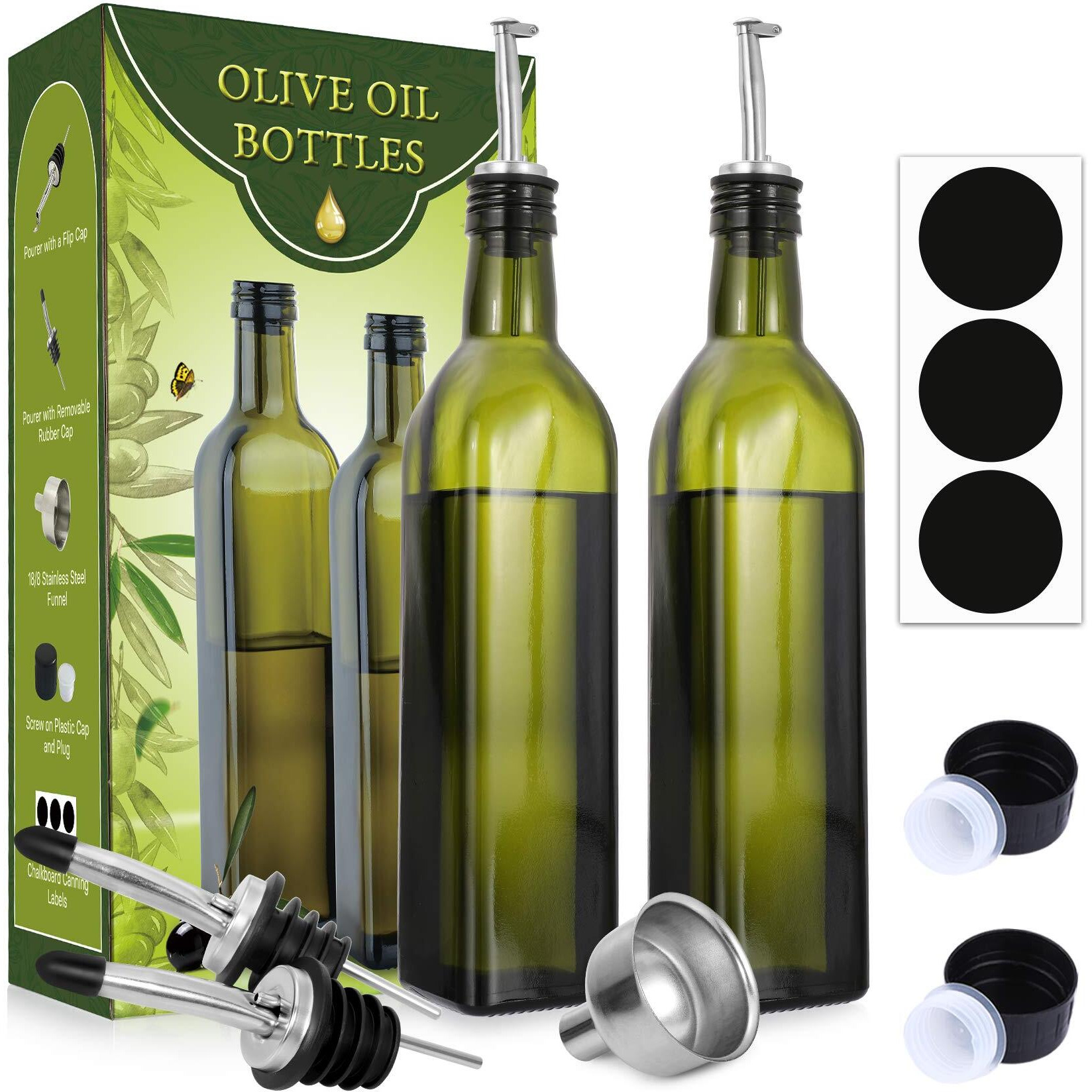 Aozita [2 Pack] 17 Oz Glass Olive Oil Dispenser Bottle Set - 500Ml Dark Green Oil & Vinegar Cruet Bottle With Pourers, Funnel And Labels - Olive Oil Carafe Decanter For Kitchen