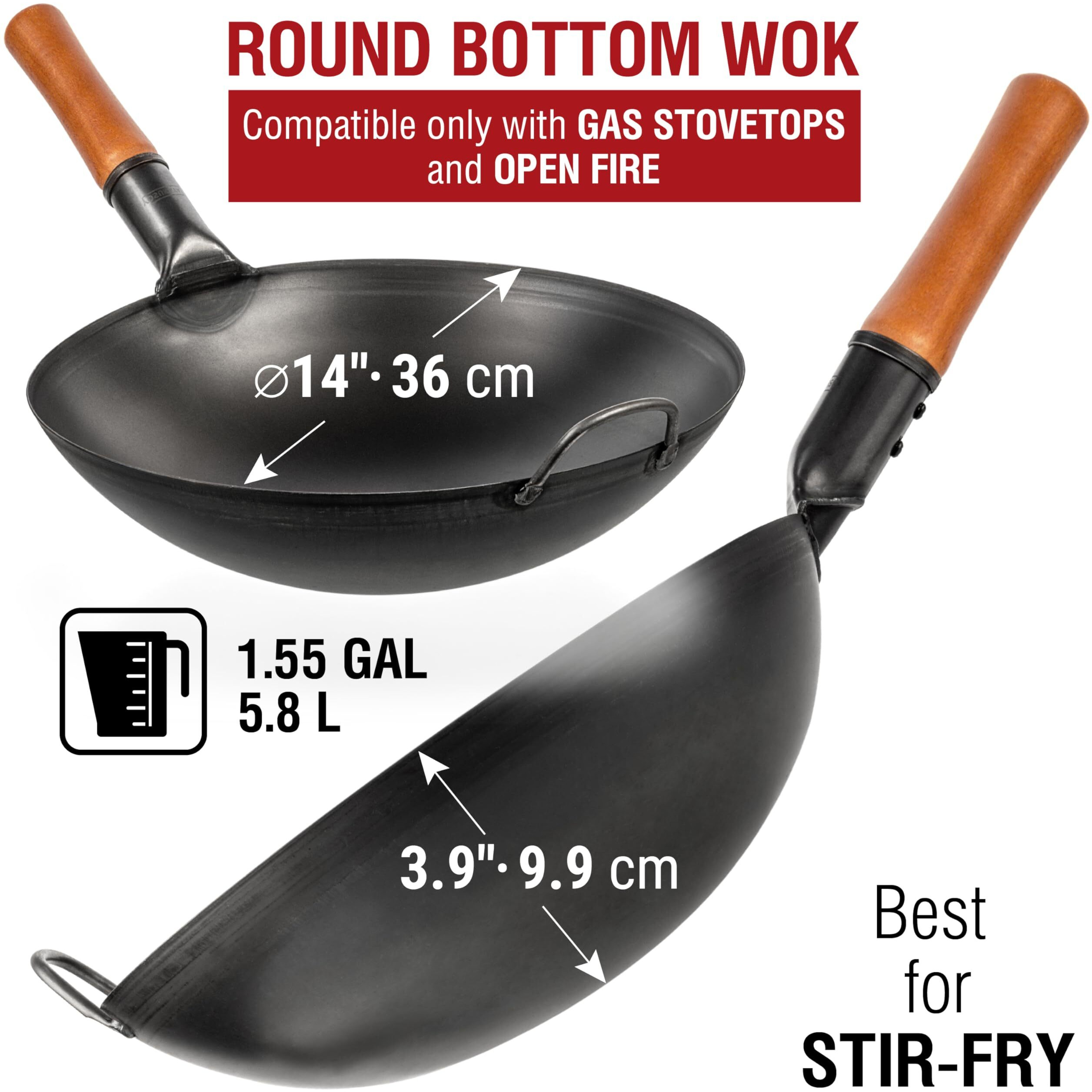 Yosukata Carbon Steel Wok Pan - 14 In Woks And Stir Fry Pans - Chinese Wok With Round Bottom Wok - Traditional Chinese Japanese Woks - Black Steel Wok