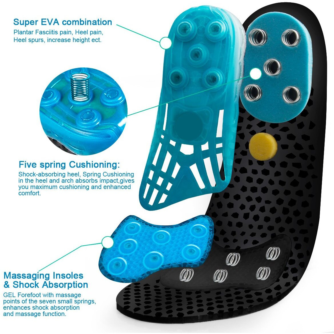 Silica Gel Sport Shoe Insole,Marrdo Spring Cushioning Shock Absorption Shoe Insert,Forefoot Enhances Massaging Footbeds,Plantar Fasciitis Sports Running Insoles For Men & Women (Medium 8.5-10, Black)