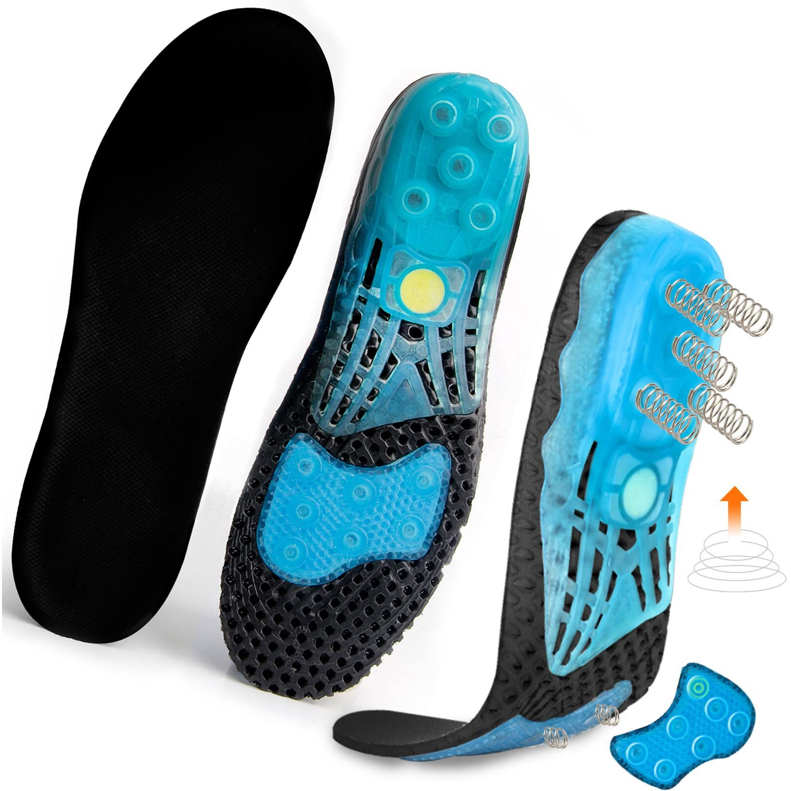 Silica Gel Sport Shoe Insole,Marrdo Spring Cushioning Shock Absorption Shoe Insert,Forefoot Enhances Massaging Footbeds,Plantar Fasciitis Sports Running Insoles For Men & Women (Medium 8.5-10, Black)