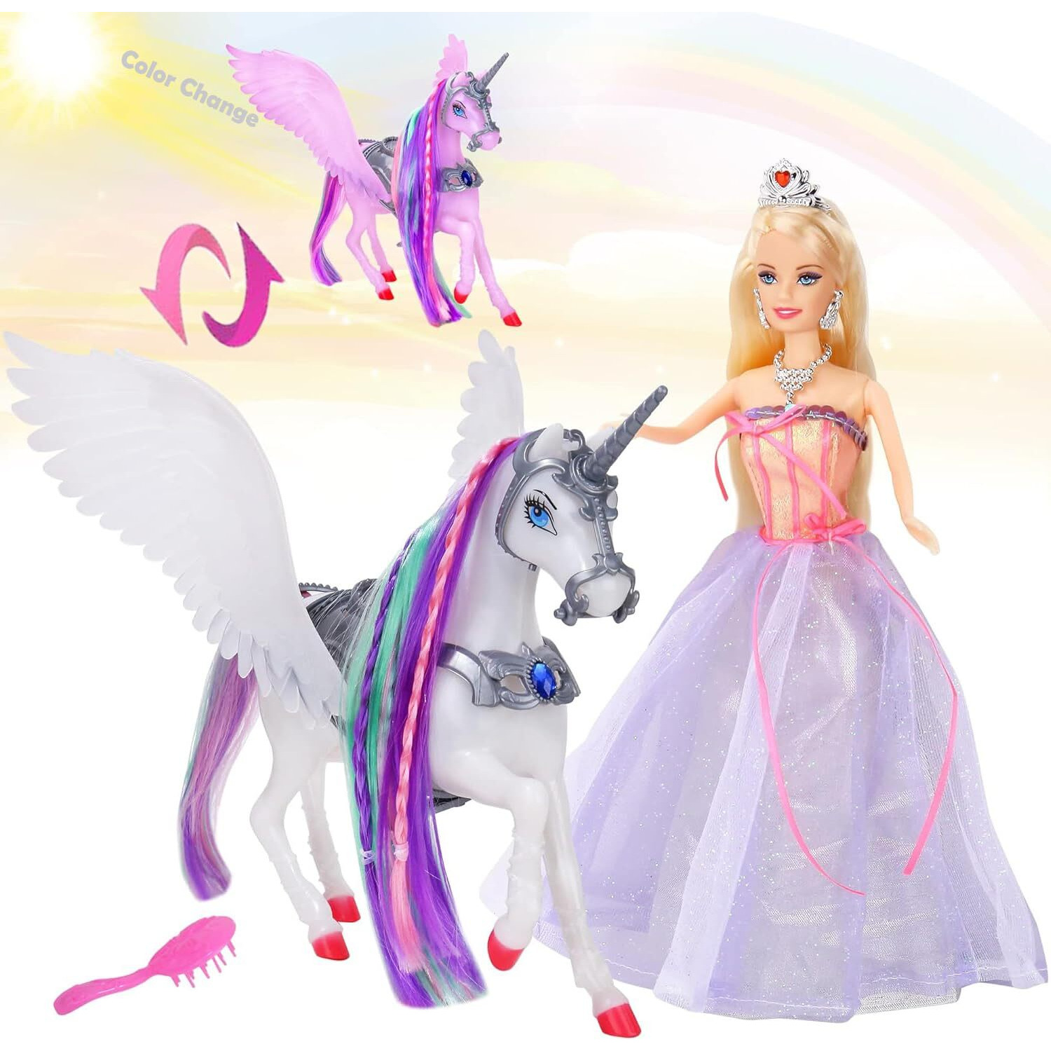 Megafun Color Change Unicorn Toys & Princess Doll With Rainbow Braided Hair, Removable Saddle&Wings, Princess Toy Unicorn Gifts For Girls