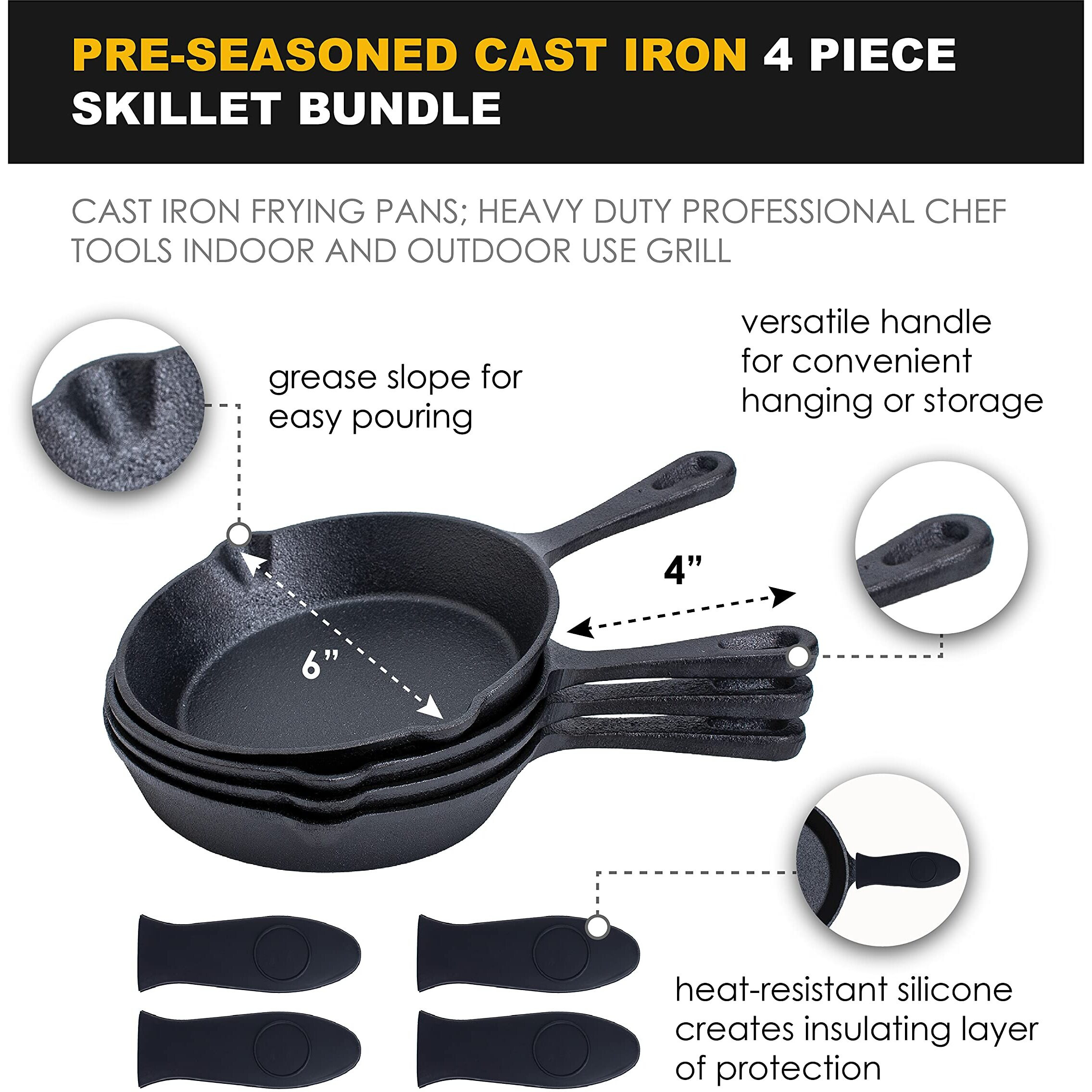 Bruntmor 6-Inch Black Pre-Seasoned Cast Iron Frying Pan Set Of 4, 6 Inch Oven Safe Cast Iron Skillet, Cast Iron Grill Pan Set, Nonstick Cookware And Bakeware For Casserole Dish