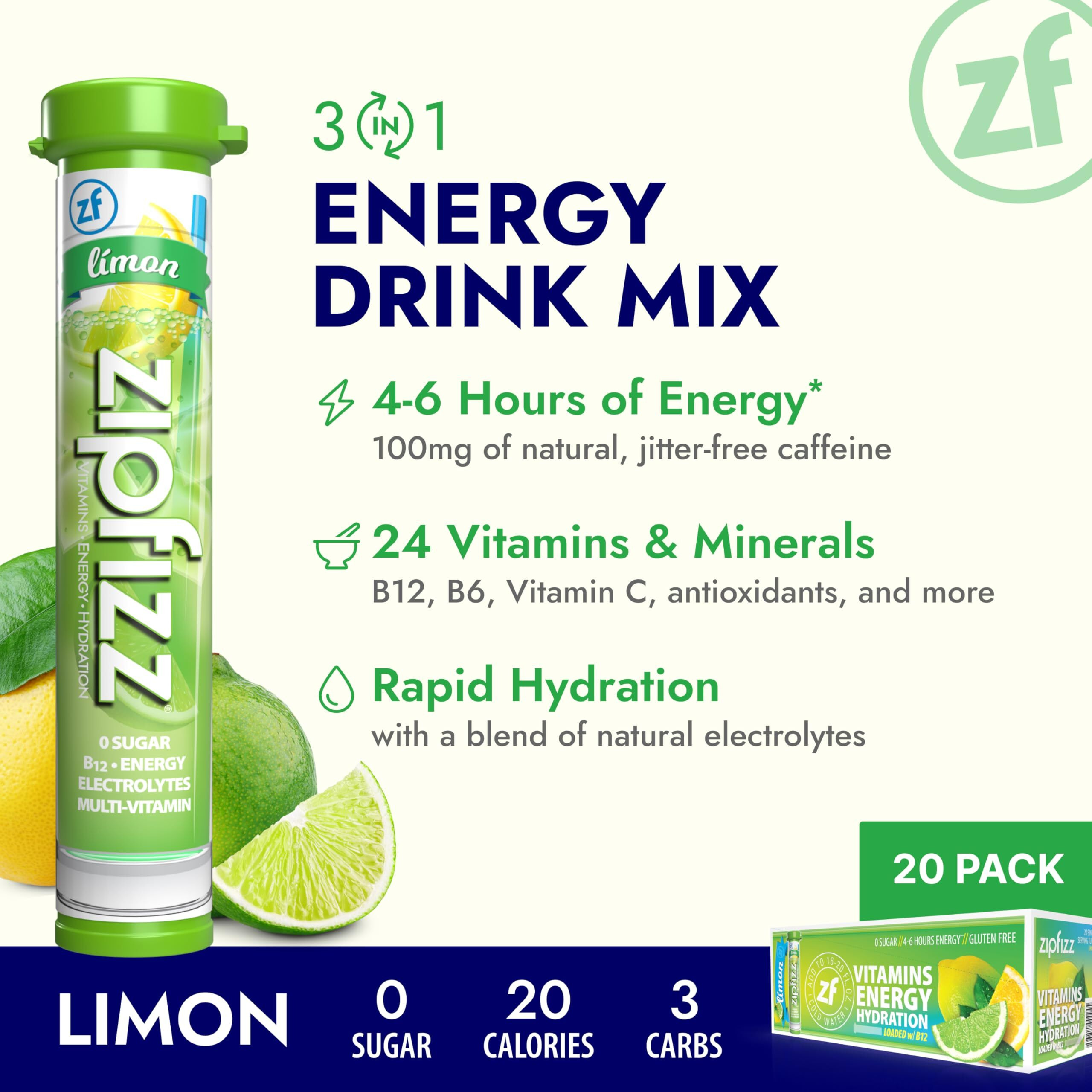 Zipfizz Daily Energy Drink Powder, Limon, 20 Pack 3-In-1 Sustained Energy, Rapid Hydration, And Essential Vitamins Sugar-Free Electrolyte Powder Contains Vitamin B-12 & Antioxidants