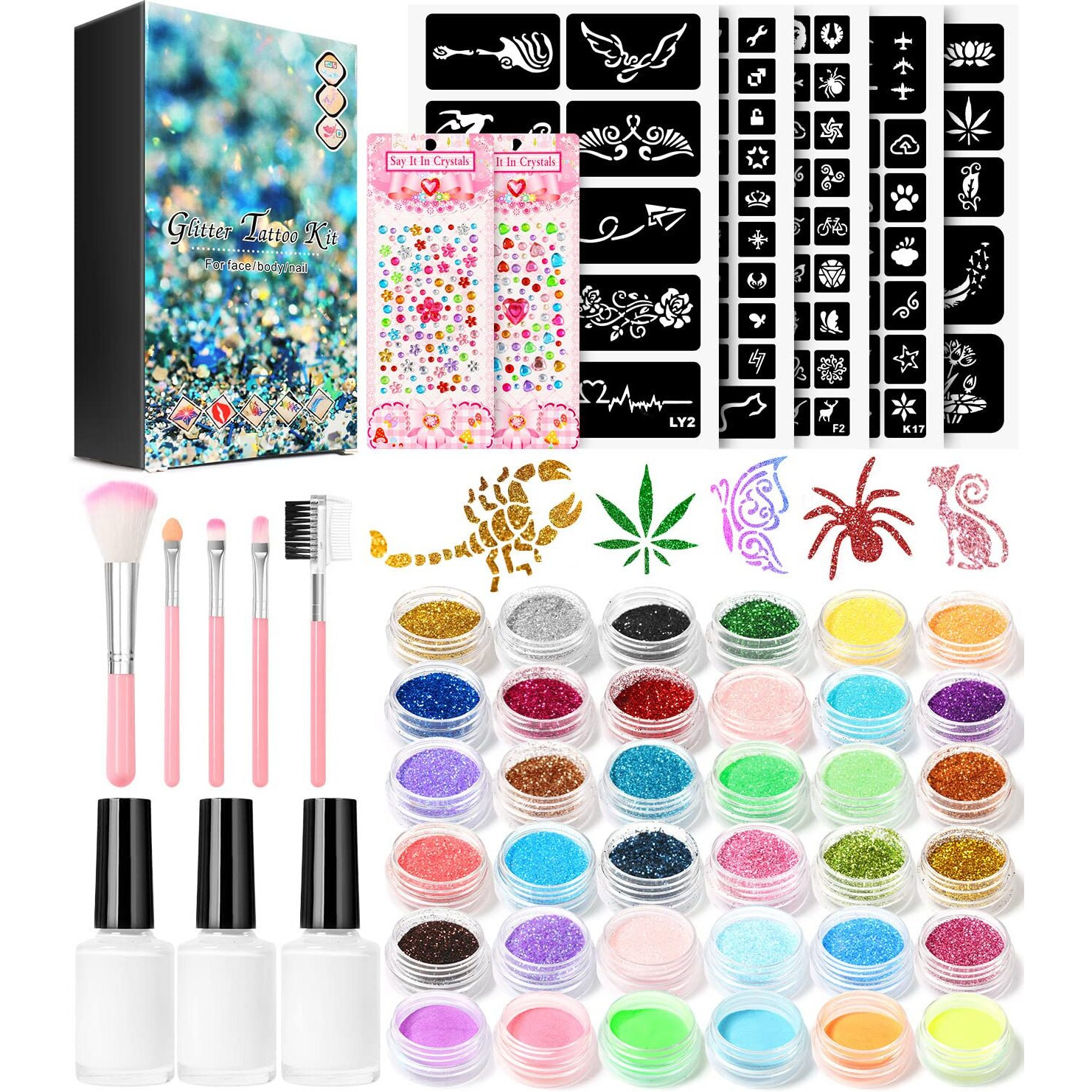 Temporary Glitter Tattoo Kit For Kids Makeup,30 Body Glitter,3 Glitter Glue,5 Sheets Tattoos Stencil,5 Pcs Makeup Brush,6 Fluorescent Powder,Rhinestone Stickers,Holiday,Party,Nail Art