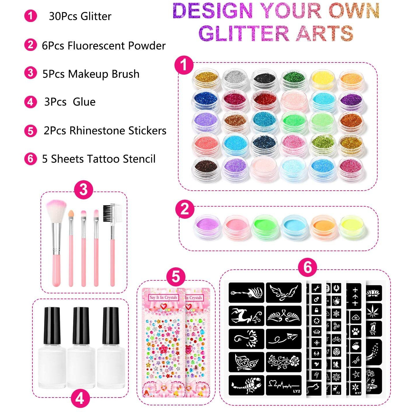 Temporary Glitter Tattoo Kit For Kids Makeup,30 Body Glitter,3 Glitter Glue,5 Sheets Tattoos Stencil,5 Pcs Makeup Brush,6 Fluorescent Powder,Rhinestone Stickers,Holiday,Party,Nail Art