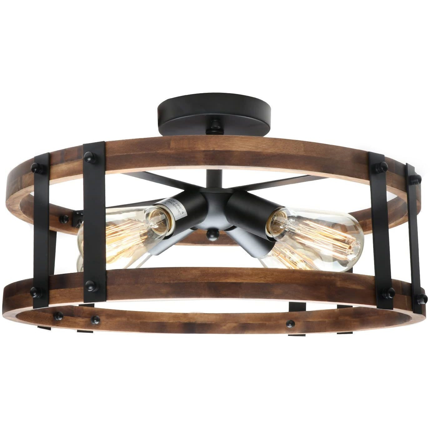 Voguad Semi Flush Mount Ceiling Light Fixture, Modern Farmhouse Wood Drum Ceiling Lamp, Rustic Close To Ceiling Lighting For Hallway Entryway Laundry Room Bedroom