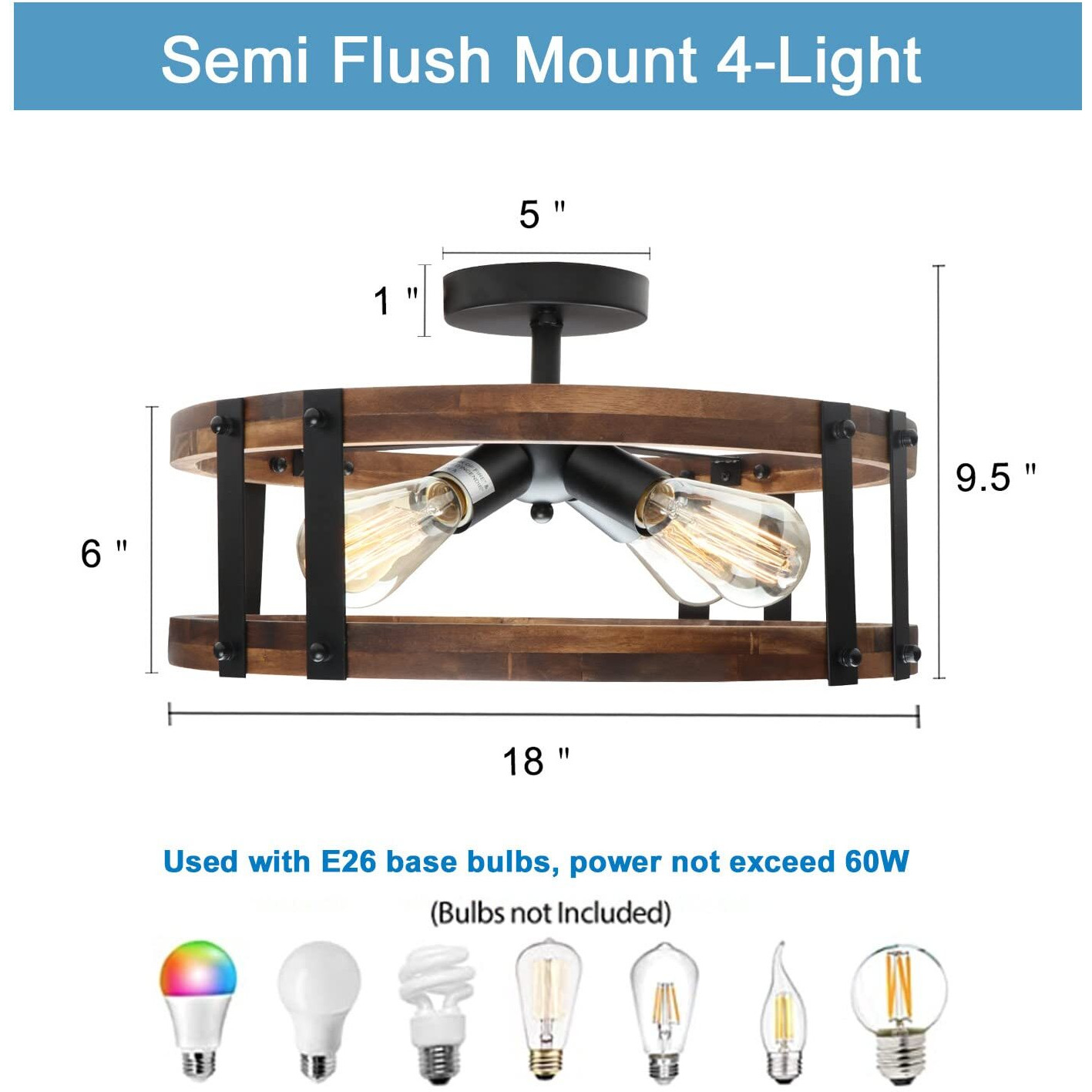 Voguad Semi Flush Mount Ceiling Light Fixture, Modern Farmhouse Wood Drum Ceiling Lamp, Rustic Close To Ceiling Lighting For Hallway Entryway Laundry Room Bedroom