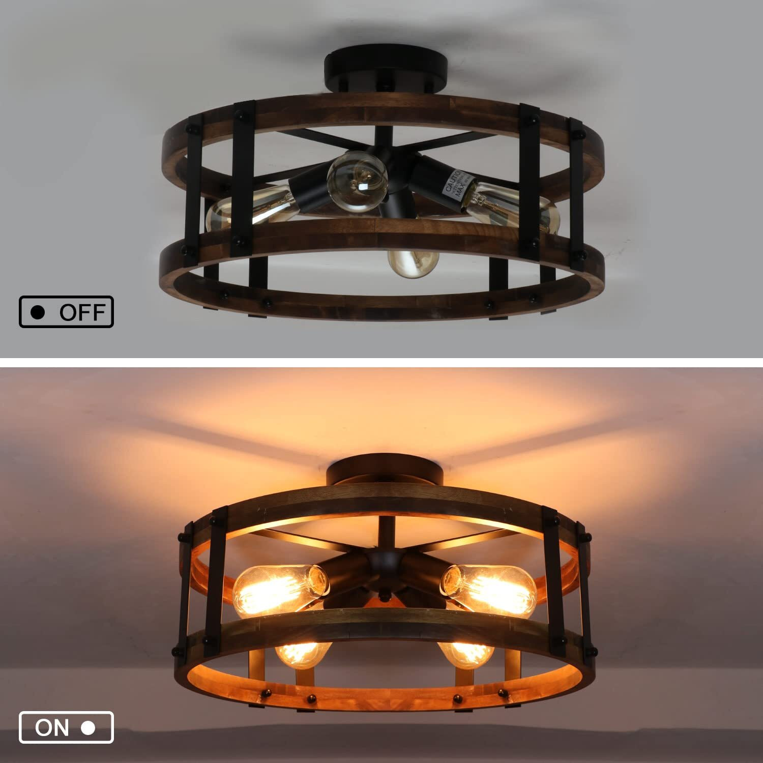 Voguad Semi Flush Mount Ceiling Light Fixture, Modern Farmhouse Wood Drum Ceiling Lamp, Rustic Close To Ceiling Lighting For Hallway Entryway Laundry Room Bedroom