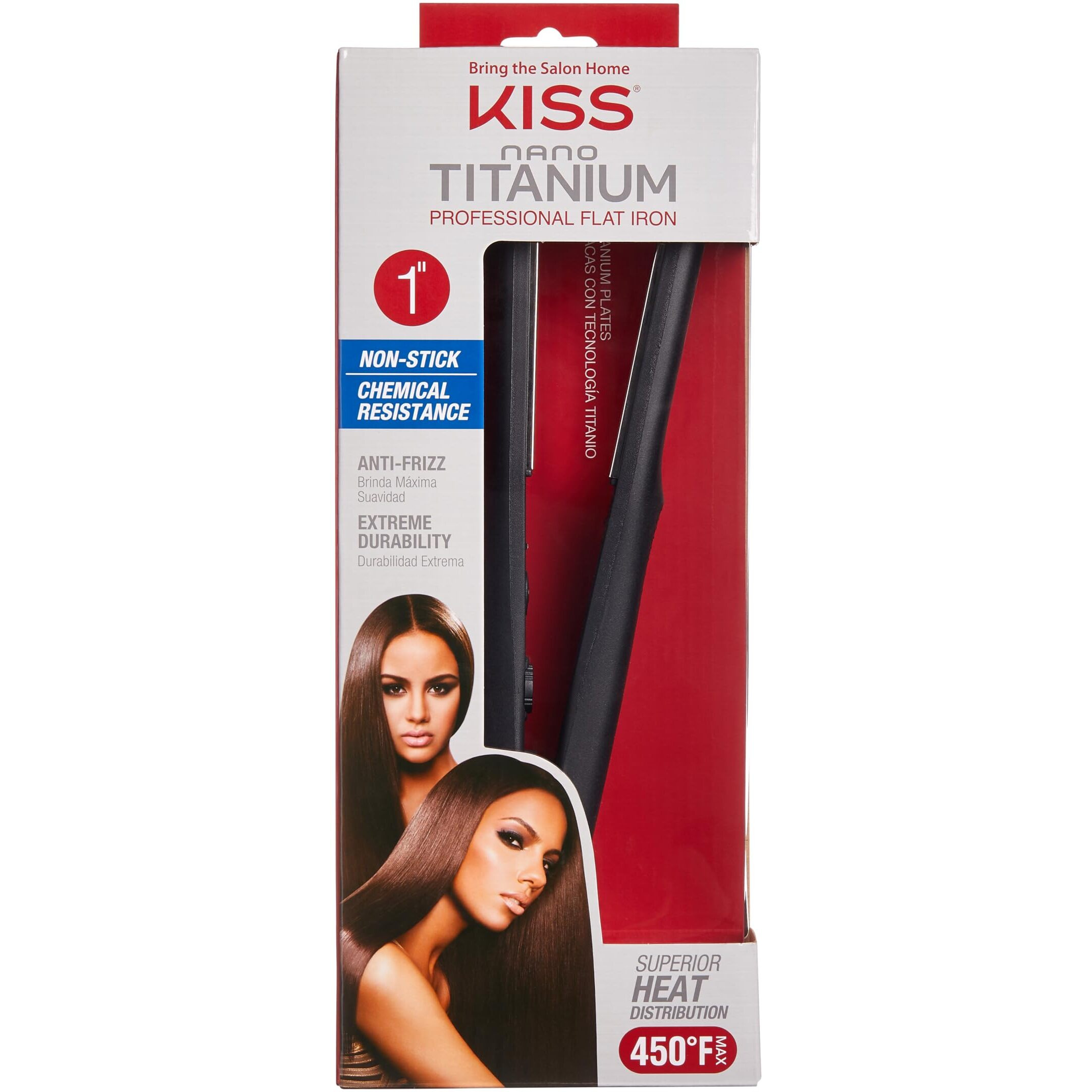 Kiss Nano Titanium Professional Flat Iron Hair Straightener & Styling Tool, 1"" Non-Stick Chemical Resistant Titanium Plates, 1.04 Pounds, Variable Temperature Control, Ergonomic Design