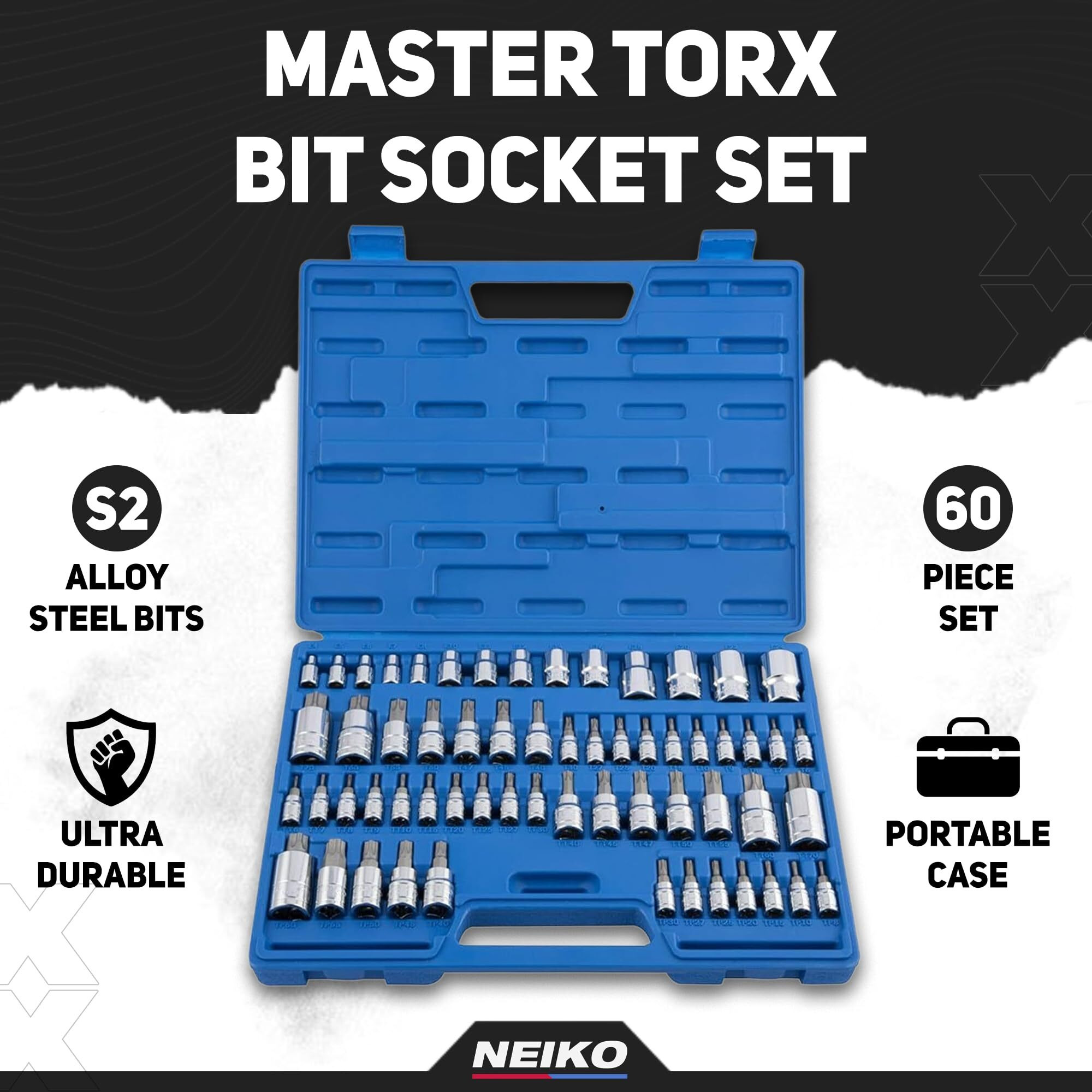 Neiko 10083A Master Torx Bit Socket And External Torx Socket Set, S2 And Crv Steel, Supreme Torque Output Complete Kit, 60 Pieces