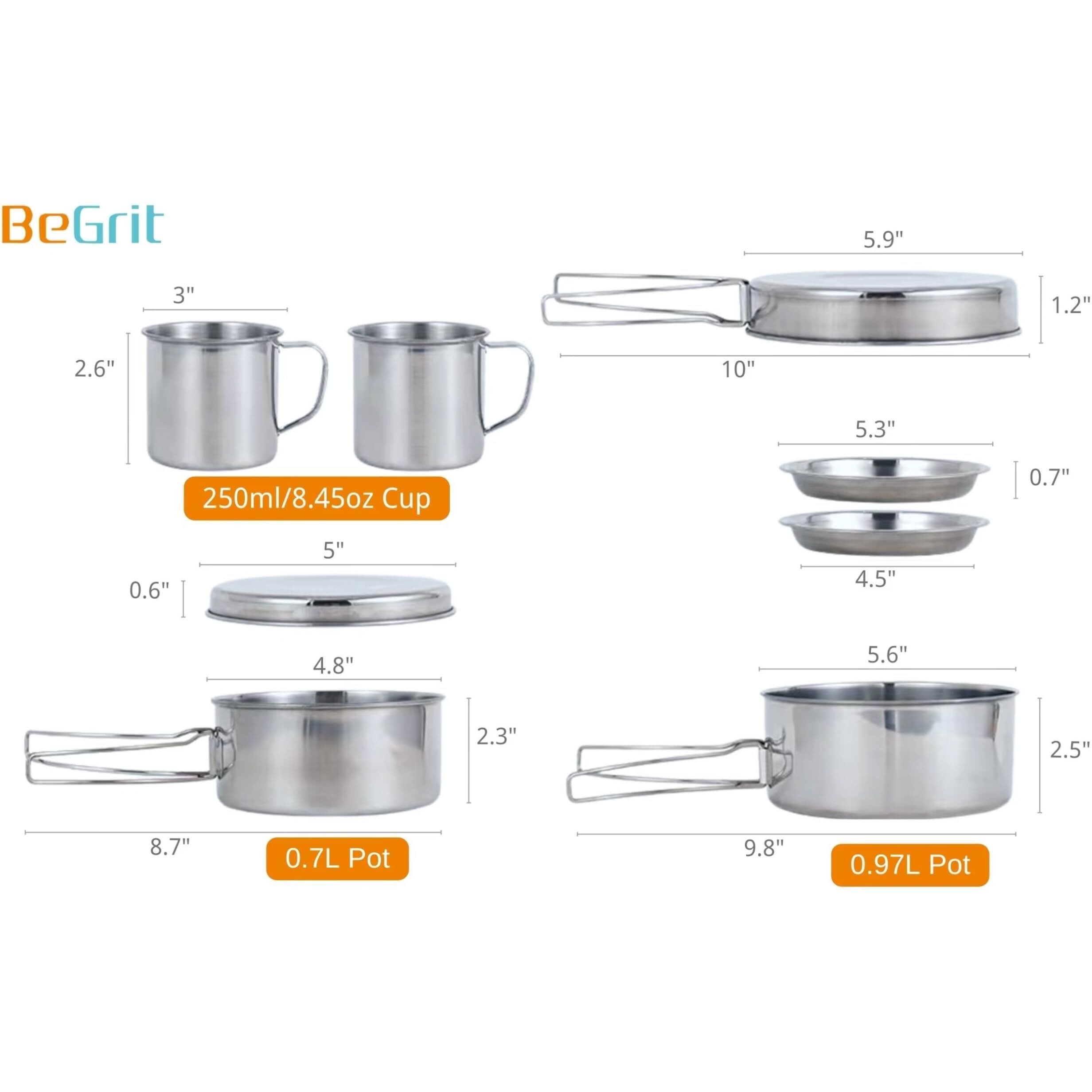 Begrit Backpacking Camping Cookware Mini Picnic Camping Cooking Mess Kit With Pot And Pan Set For Hiking 8Pcs Set