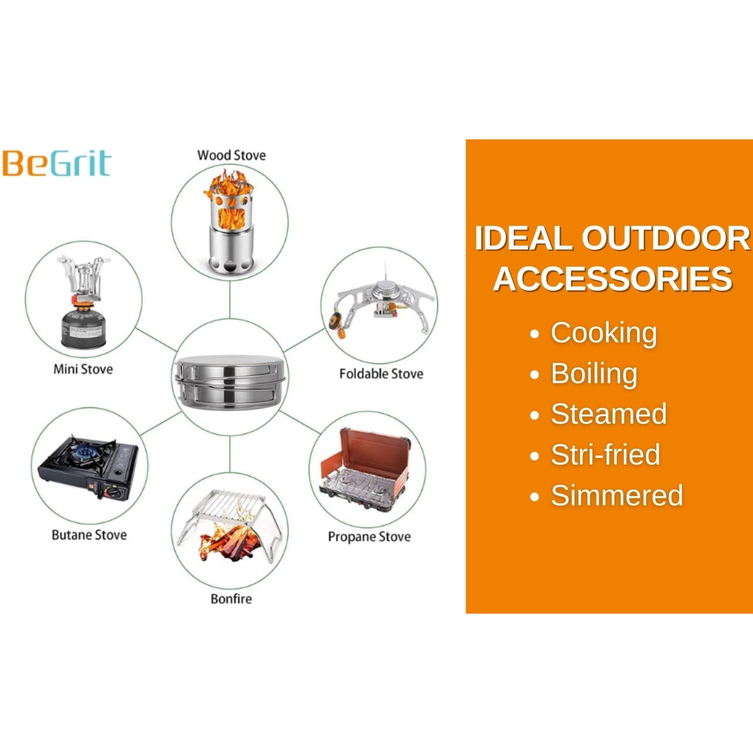 Begrit Backpacking Camping Cookware Mini Picnic Camping Cooking Mess Kit With Pot And Pan Set For Hiking 8Pcs Set