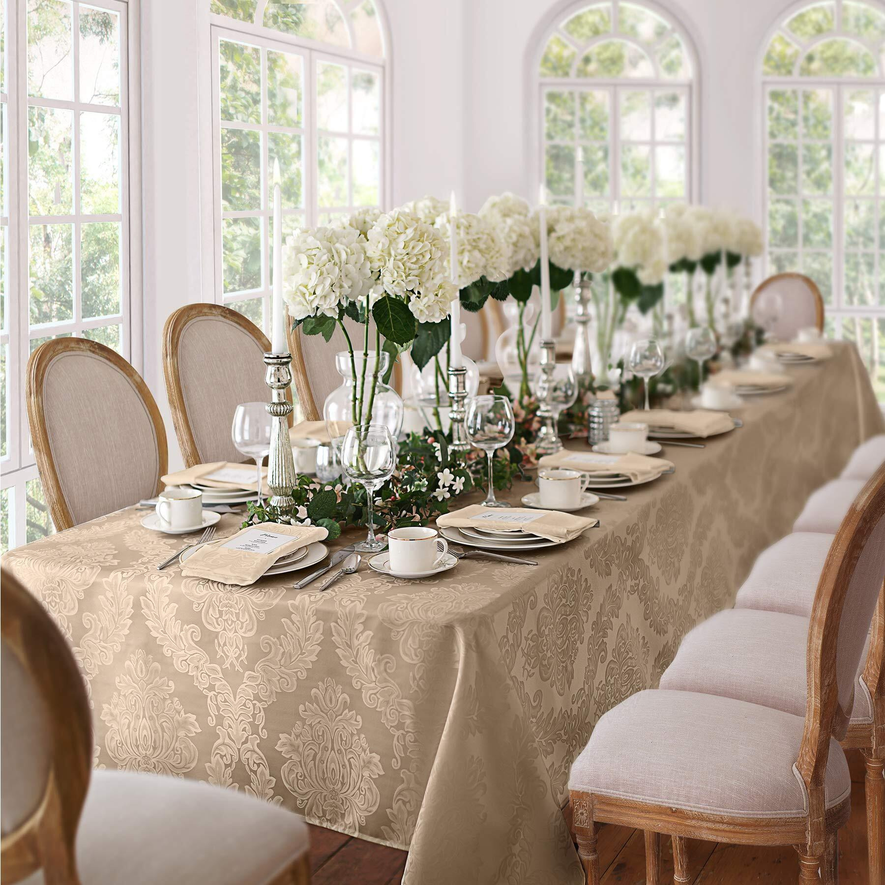 Newbridge Barcelona Luxury Damask Fabric Tablecloth, 60    Wide X 84    Oval, Golden Beige, 100% Polyester, No Iron, Soil Resistant Dining Room, Party And Banquet Table Cover