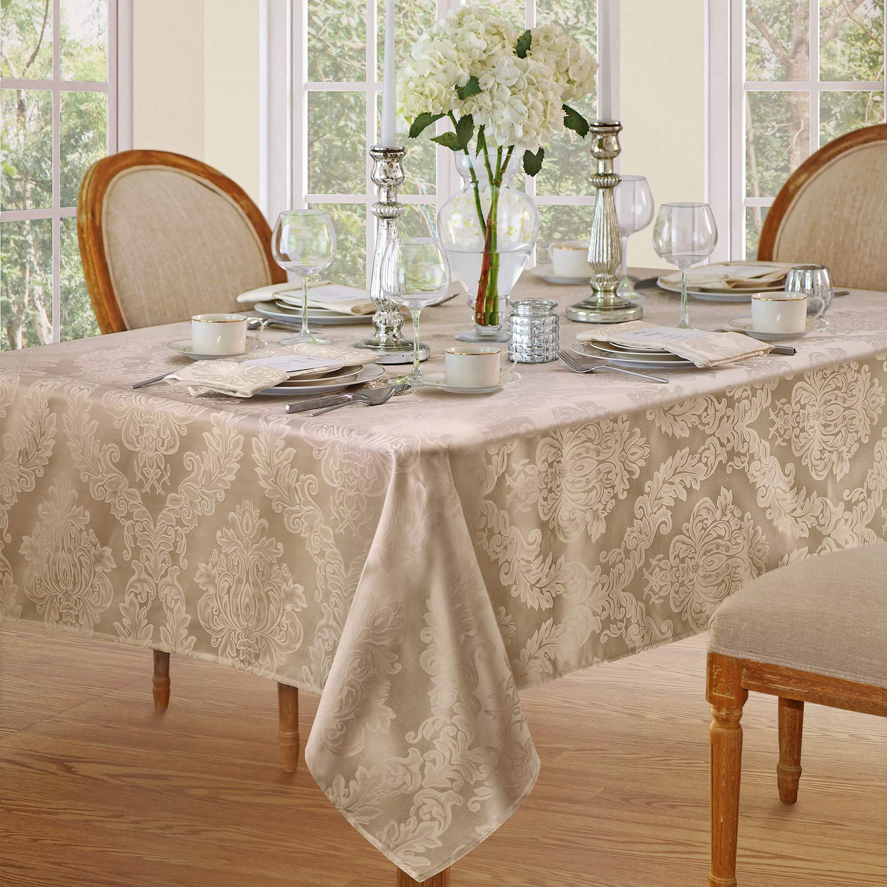 Newbridge Barcelona Luxury Damask Fabric Tablecloth, 60    Wide X 84    Oval, Golden Beige, 100% Polyester, No Iron, Soil Resistant Dining Room, Party And Banquet Table Cover