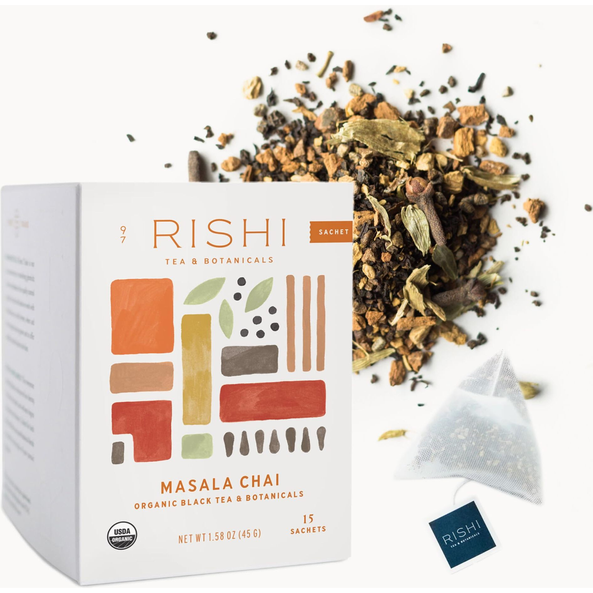 Rishi Tea Masala Chai Tea | Usda Organic Direct Trade Sachet Tea Bags, Certified Kosher Assam Black Tea Blend With Whole Spices, Energizing & Caffeinated | 15 Count (Pack Of 1)