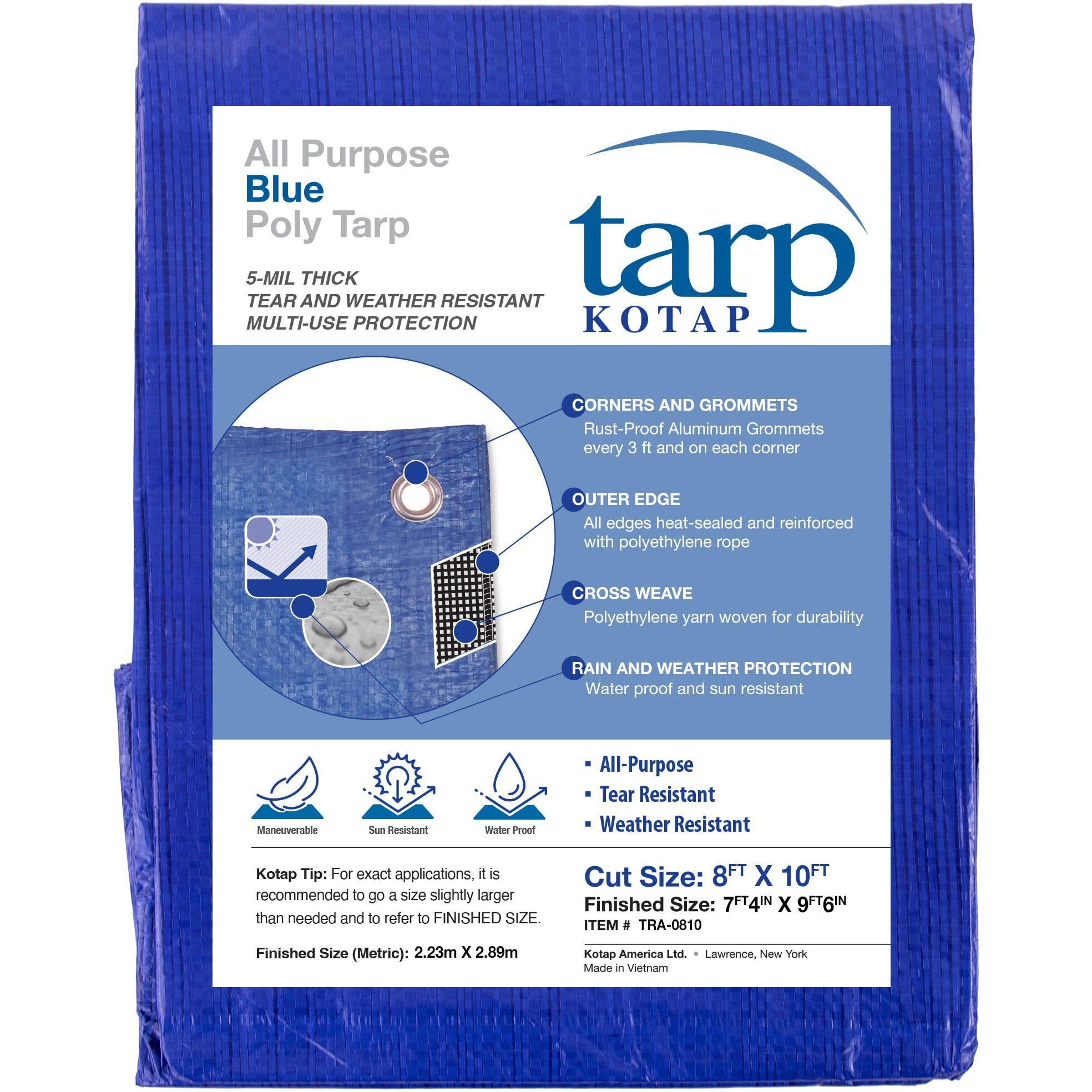Kotap 8 X 10 Ft. All-Purpose Multi-Use Protection/Coverage 5-Mil Poly Tarp, Waterproof, Blue, 1-Pack (Tra-0810)