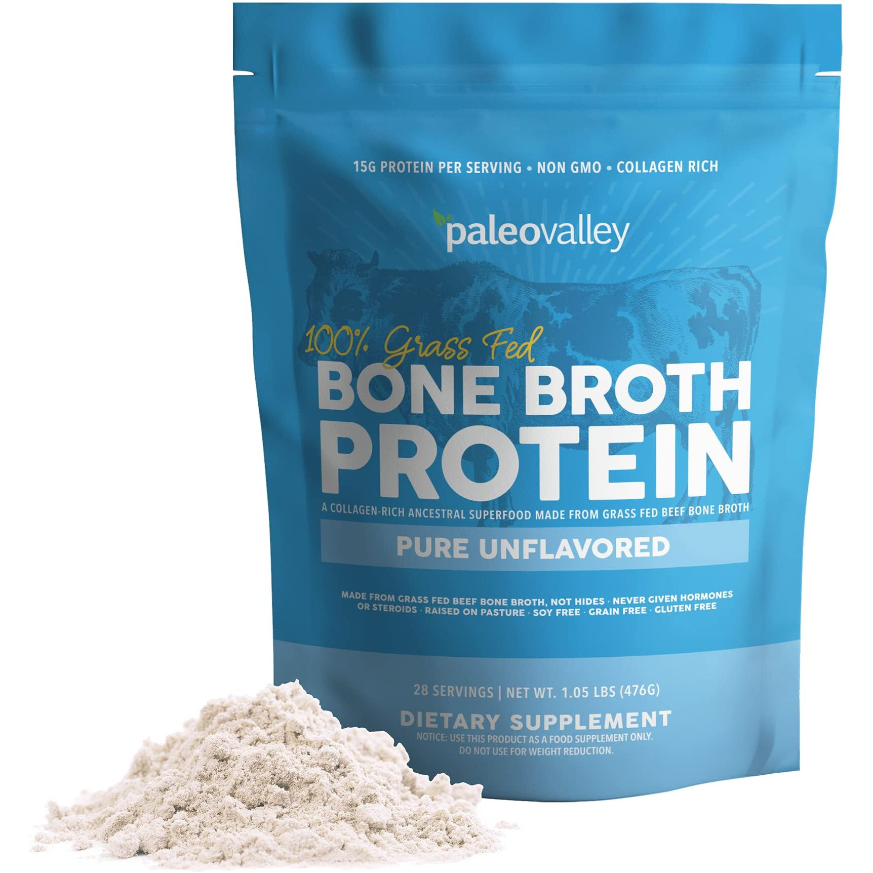 Paleovalley 100% Grass Fed Beef Bone Broth Protein Powder - Rich In Collagen Peptides For Hair, Skin, Gut Health, Bone And Joint Support - 28 Servings, 15G Protein Per Serving - No Gluten Or Gmos