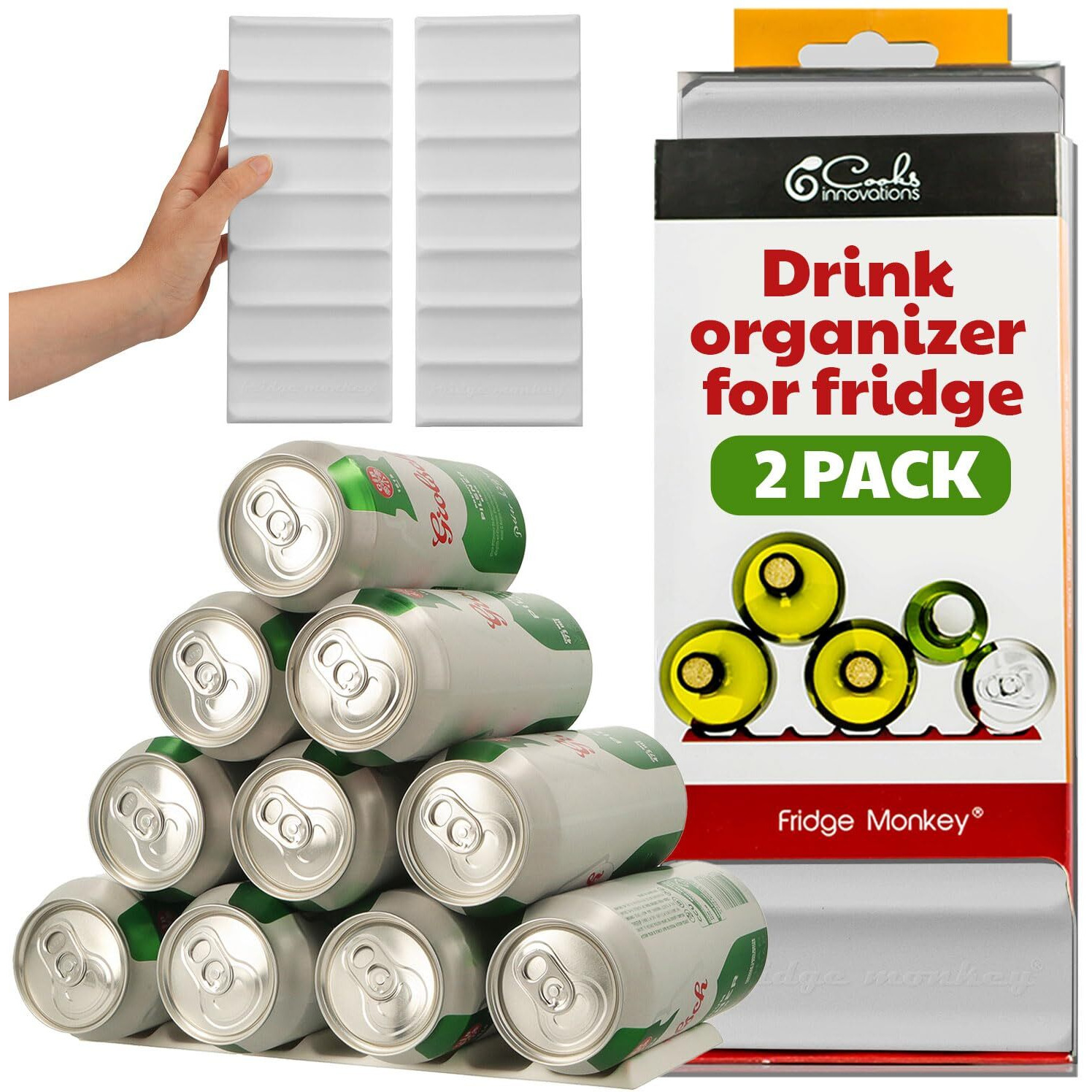 Cooks Innovations 2-Pack Drink Organizer For Fridge, Soda Can Refrigerator Organizers And Storage, Beer-Wine-Water Bottle Holder, Fridge Monkey - Durable Non-Slip&Roll