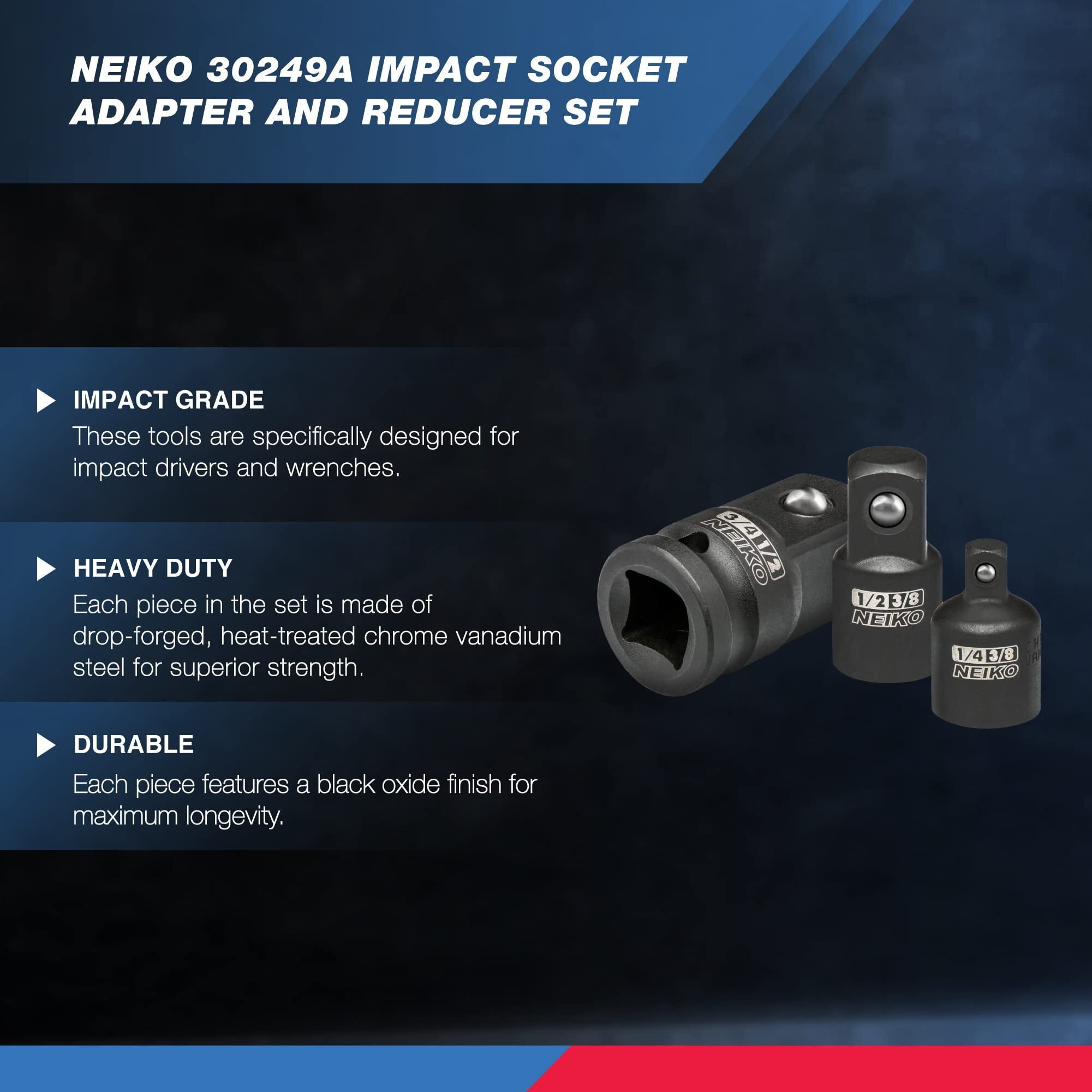 Neiko 30249A 5 Piece Impact Socket Adapter Set, Standard Sae, 1/4, 3/8, 1/2"" Cr-V Steel Impact Driver & Wrench Conversion Kit Socket Reducer, Locking Socket Adapter Set