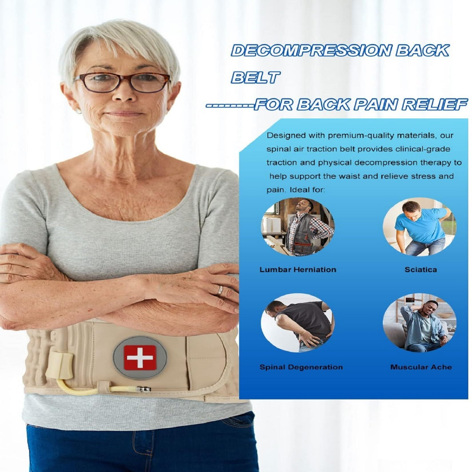 Goldmille Back Decompression Belt Inflatable Lumbar Support For Lower Back Pain Relief - One Size For 29-49 Waist