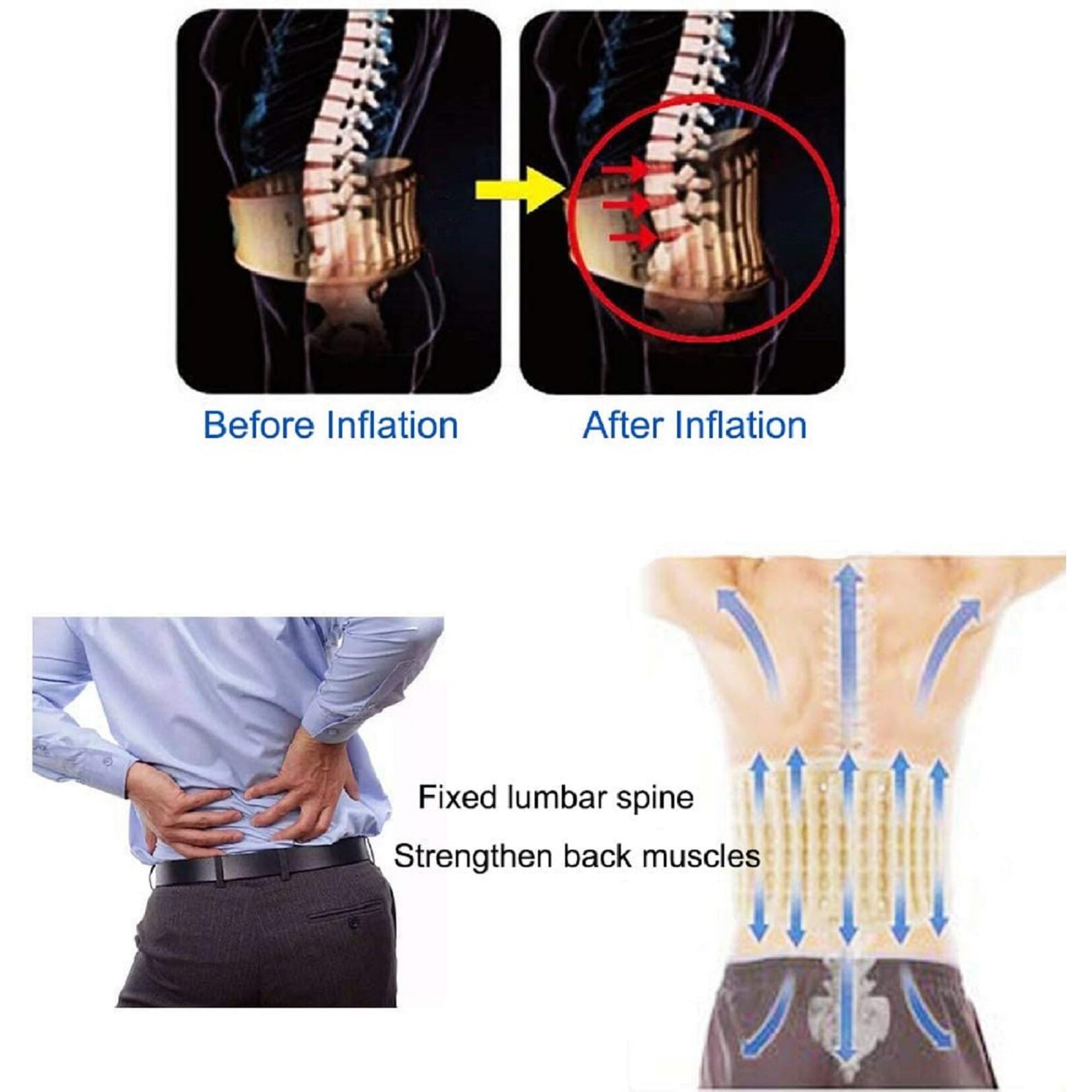 Goldmille Back Decompression Belt Inflatable Lumbar Support For Lower Back Pain Relief - One Size For 29-49 Waist