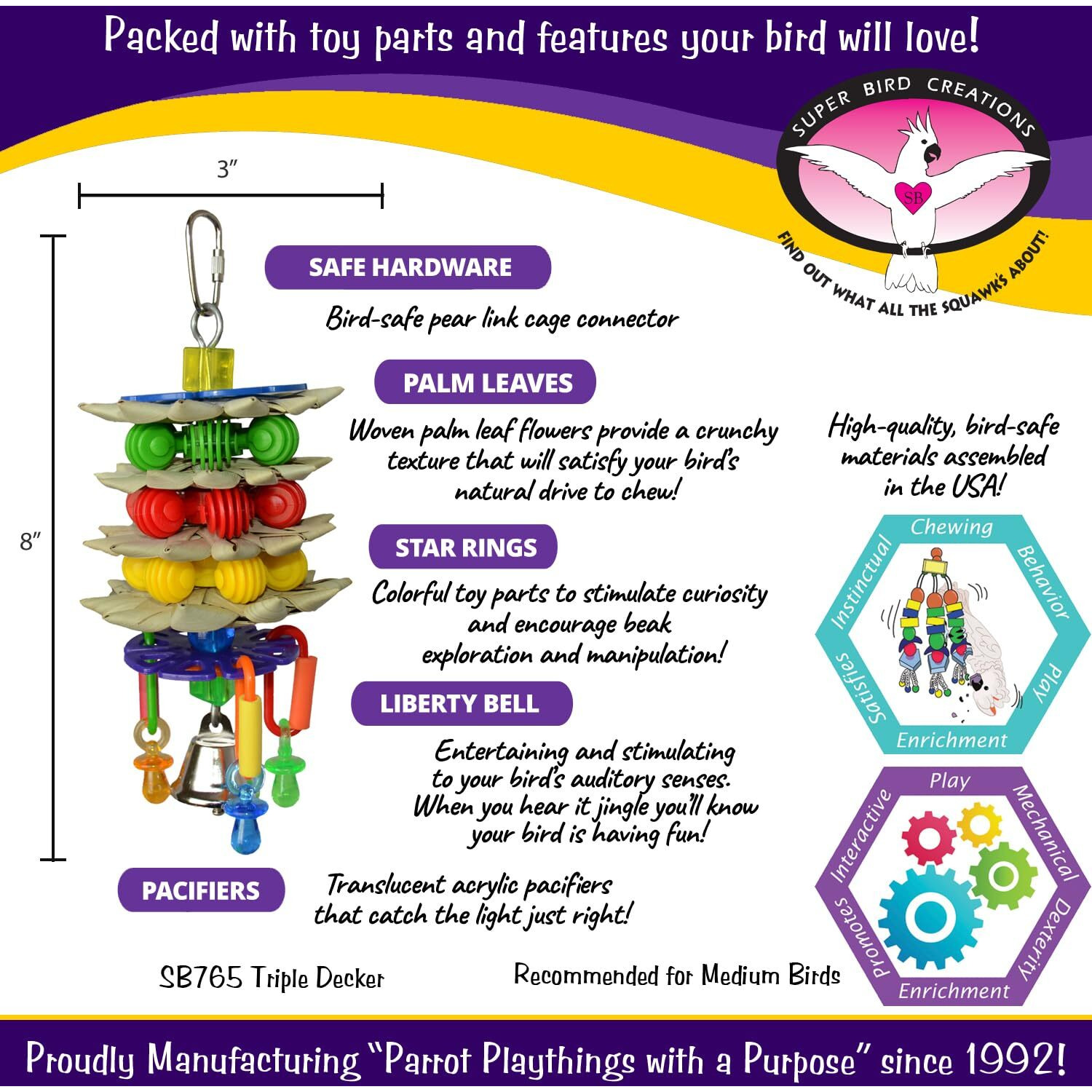 Super Bird Creations Sb765 Triple Decker Bird Toy For Medium Sized Pet Birds - Ringnecks, Medium Conures, Cockatiels, Caiques, Pionus, Senegals - Bird Safe Component And Design - 8"" X 3""