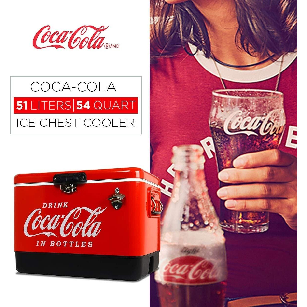 Coca-Cola Ice Chest Beverage Cooler With Bottle Opener, 51L (54 Qt), 85 Can Capacity Portable Cooler, Red And Black, For Camping, Beach, Rv, Bbqs, Tailgating, Fishing