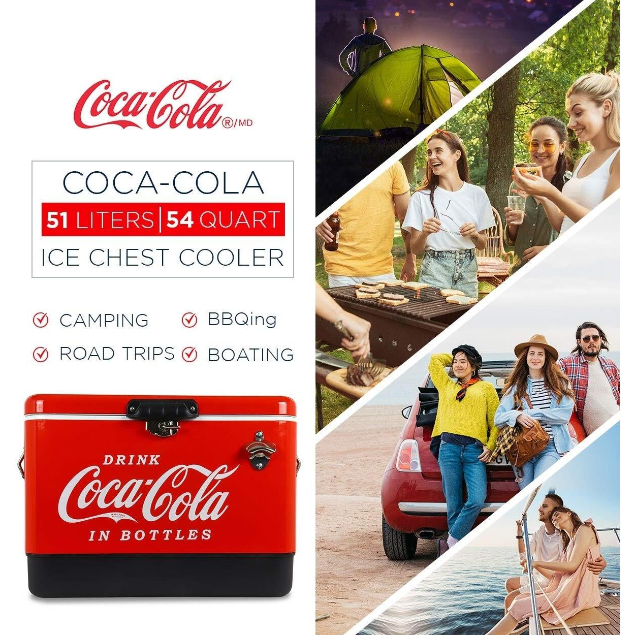Coca-Cola Ice Chest Beverage Cooler With Bottle Opener, 51L (54 Qt), 85 Can Capacity Portable Cooler, Red And Black, For Camping, Beach, Rv, Bbqs, Tailgating, Fishing