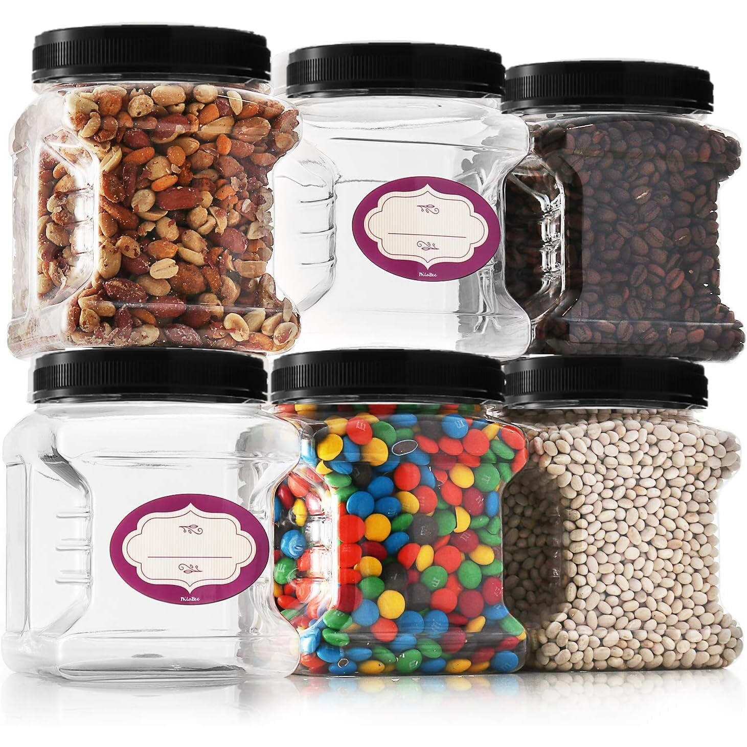 Dilabee Clear Plastic Storage Jars With Lids - 6 Pack - Square Plastic Containers With Airtight Lids - Canisters With Pinch Grip Handles - Bpa-Free - 48 Oz