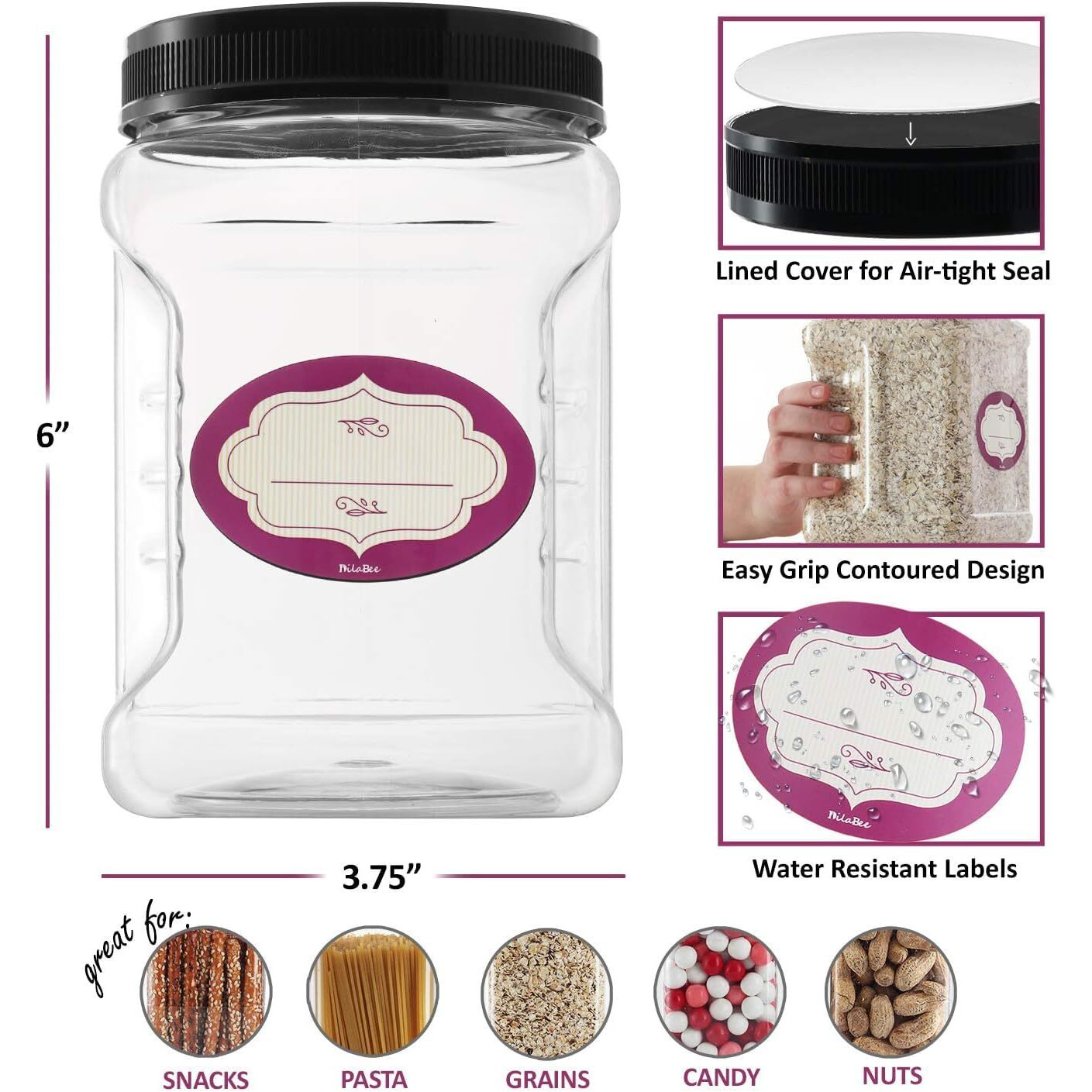 Dilabee Clear Plastic Storage Jars With Lids - 6 Pack - Square Plastic Containers With Airtight Lids - Canisters With Pinch Grip Handles - Bpa-Free - 48 Oz