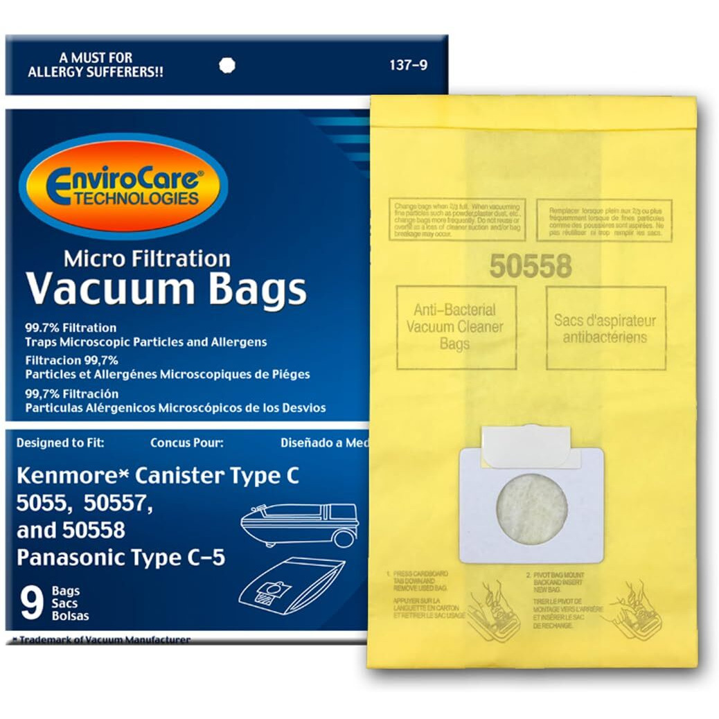 Envirocare Replacement Vacuum Bags Made To Fit Kenmore Canister Type C Or Q 50555, 50558, 50557 And Panasonic Type C-5 Vacuums, 9 Pack