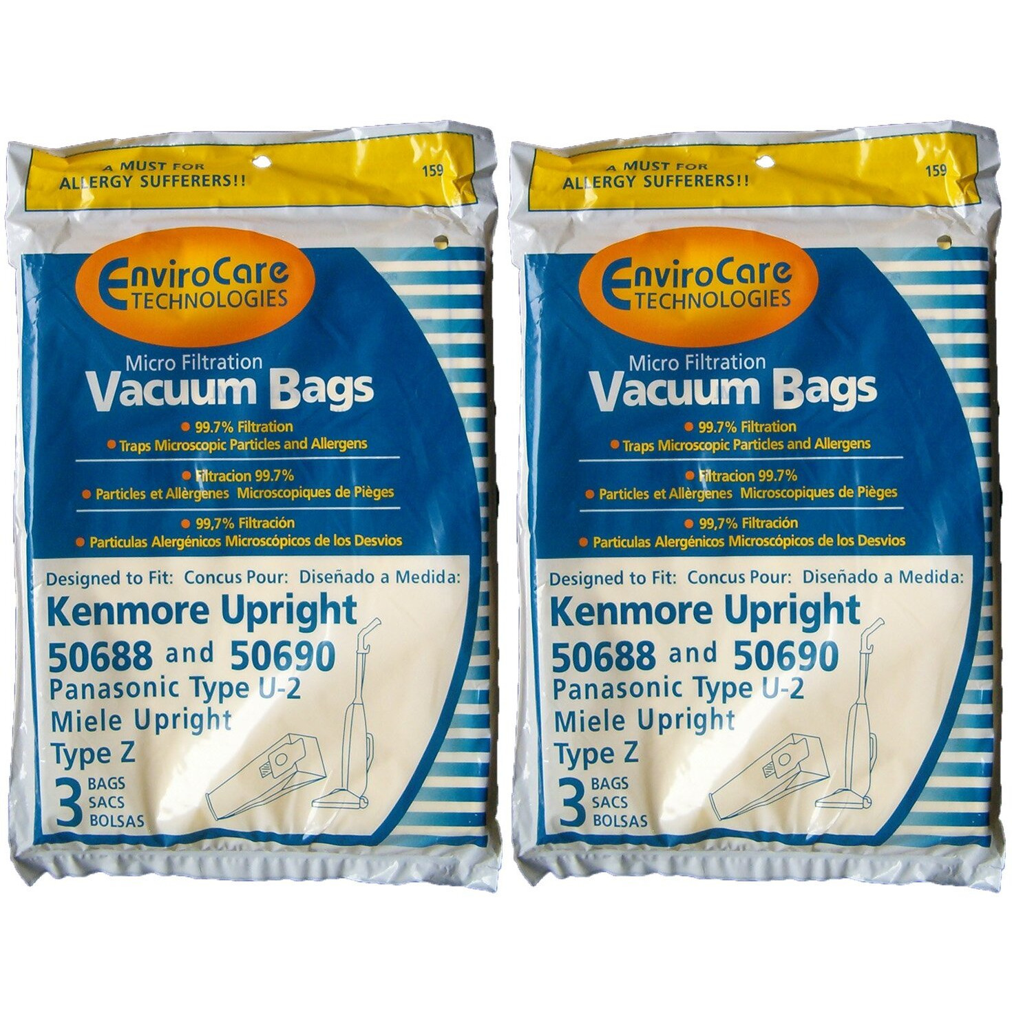 Envirocare Replacement Micro Filtration Vacuum Cleaner Dust Bags Made To Fit Kenmore Upright Type U/L/O 50688 And 50690, Panasonic Type U-2, Miele Type Z 6 Pack