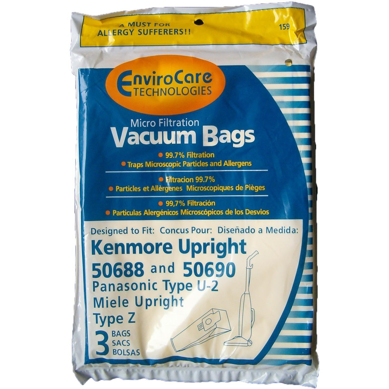 Envirocare Replacement Micro Filtration Vacuum Cleaner Dust Bags Made To Fit Kenmore Upright Type U/L/O 50688 And 50690, Panasonic Type U-2, Miele Type Z 6 Pack
