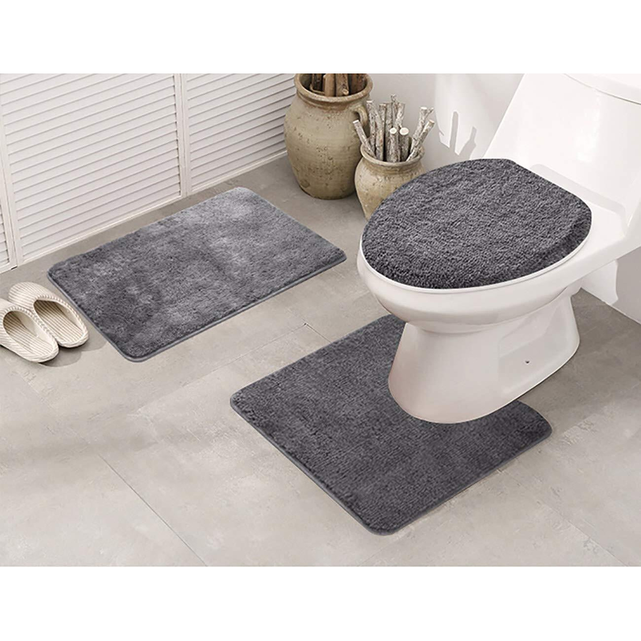 Elegant Home 3 Piece Bathroom Rug Set Bath Rug, Contour Mat, & Lid Cover Non-Slip With Rubber Backing Solid Color  Angela (Charcoal)