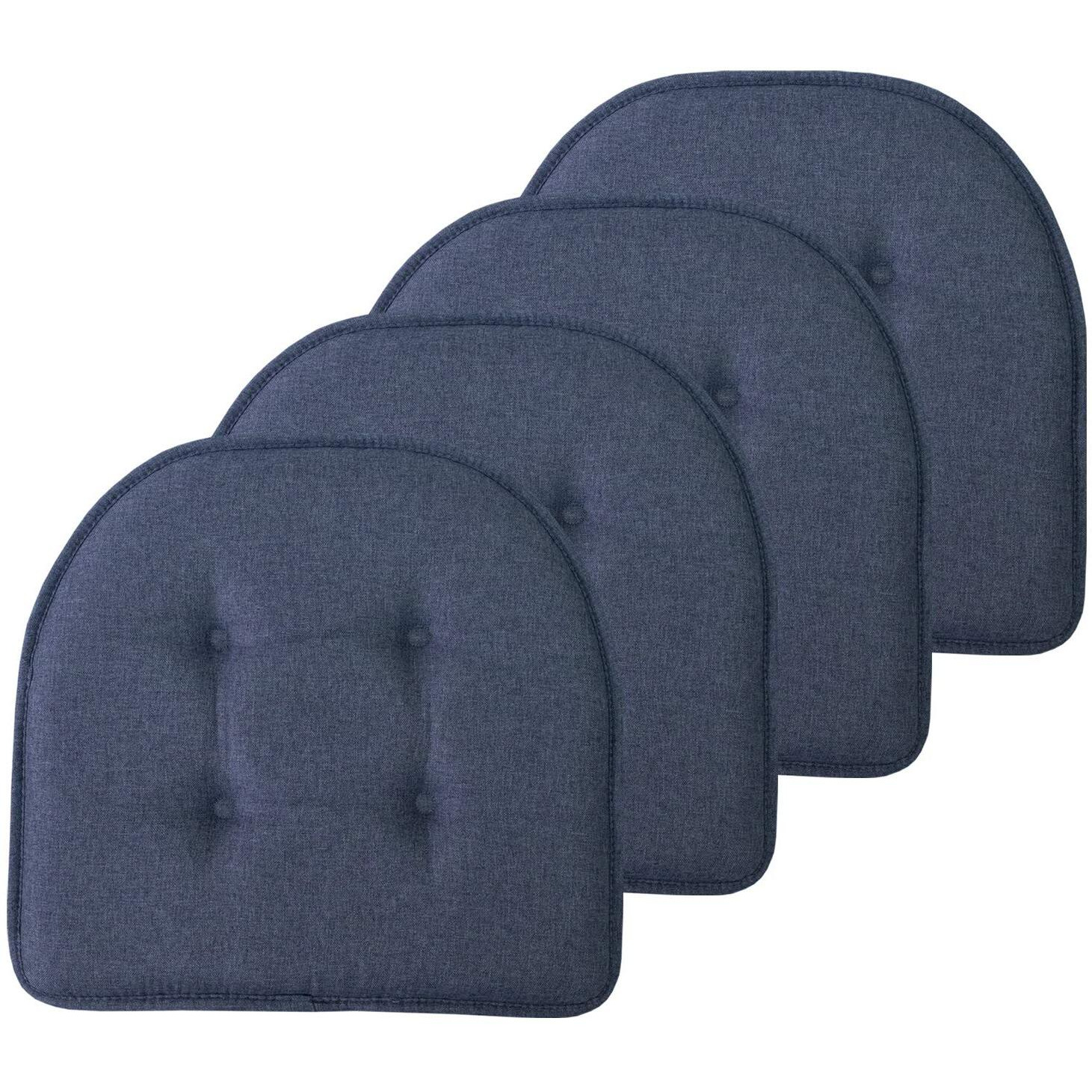 Sweet Home Collection Chair Cushion Memory Foam Pads Tufted Slip Non Skid Rubber Back U-Shaped 17"" X 16"" Seat Cover, Denim Blue 4 Count